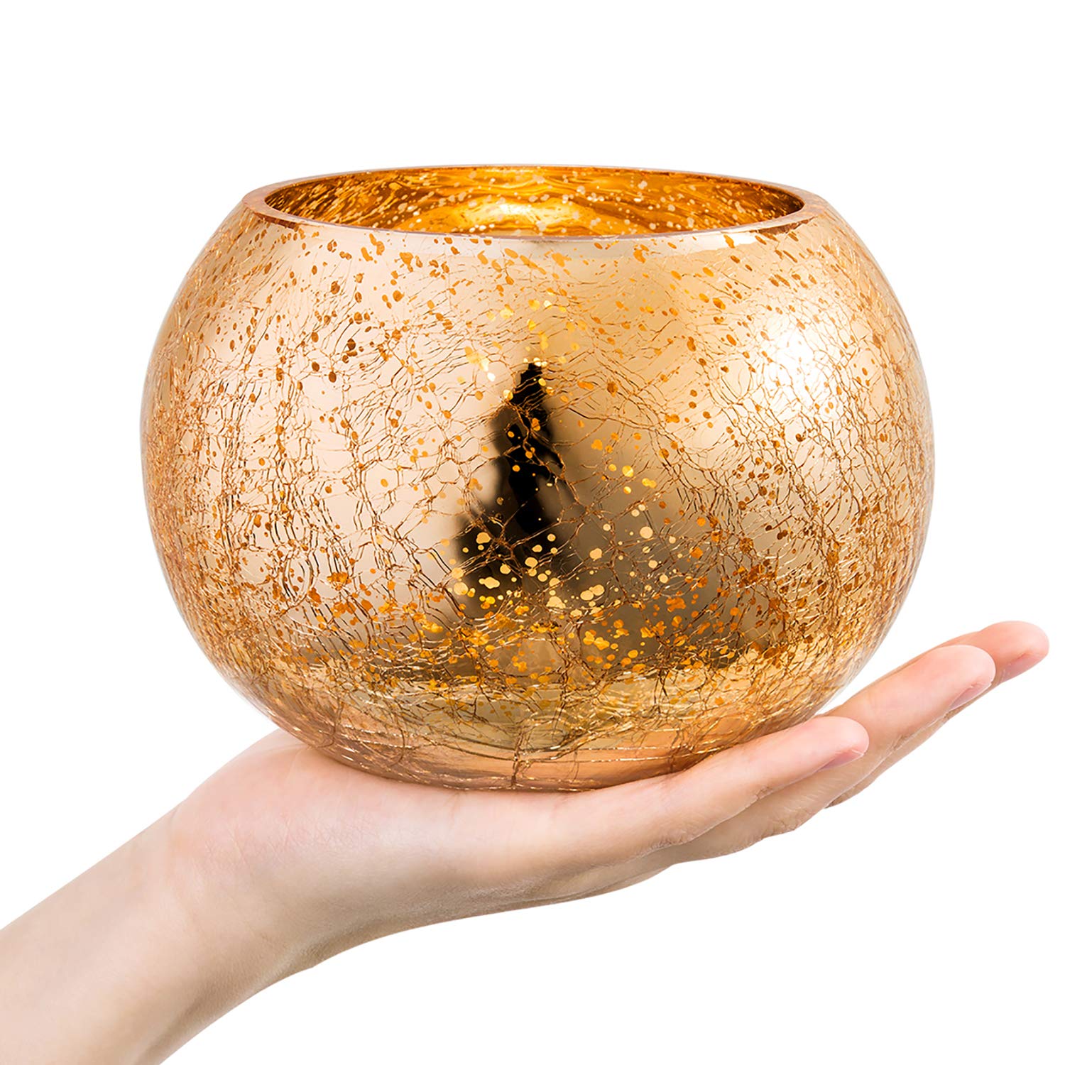 Diamond Star Votive Candle Holders - Mercury Glass Tealight Holders with Ice Cracked Glass Bowl - Elegant Gold Candle Holders for Wedding Centerpieces, Home Decor & Romantic Dinner Tables