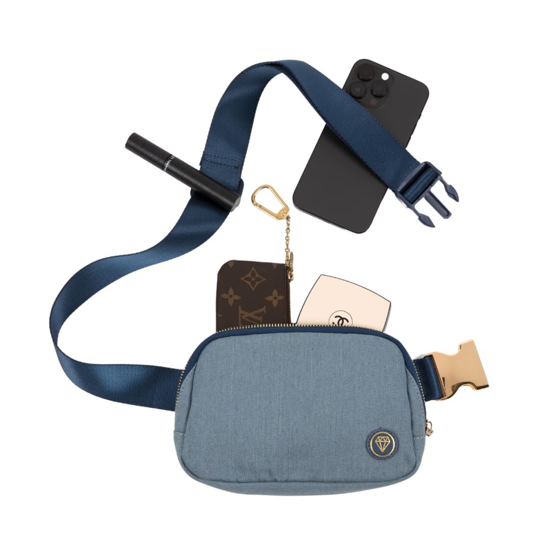 Rubina Anywhere Belt Bag LUXE - Adjustable Crossbody Fanny Pack for Women & Men | Water-Resistant Waist Bag for Hiking, Running, Travel, Gym, Workout, Festivals | Chest Bag with Metal Buckle (Blue Jeans) | Perfect for Outdoor Adventures, Daily Commute & Hands-Free Activities