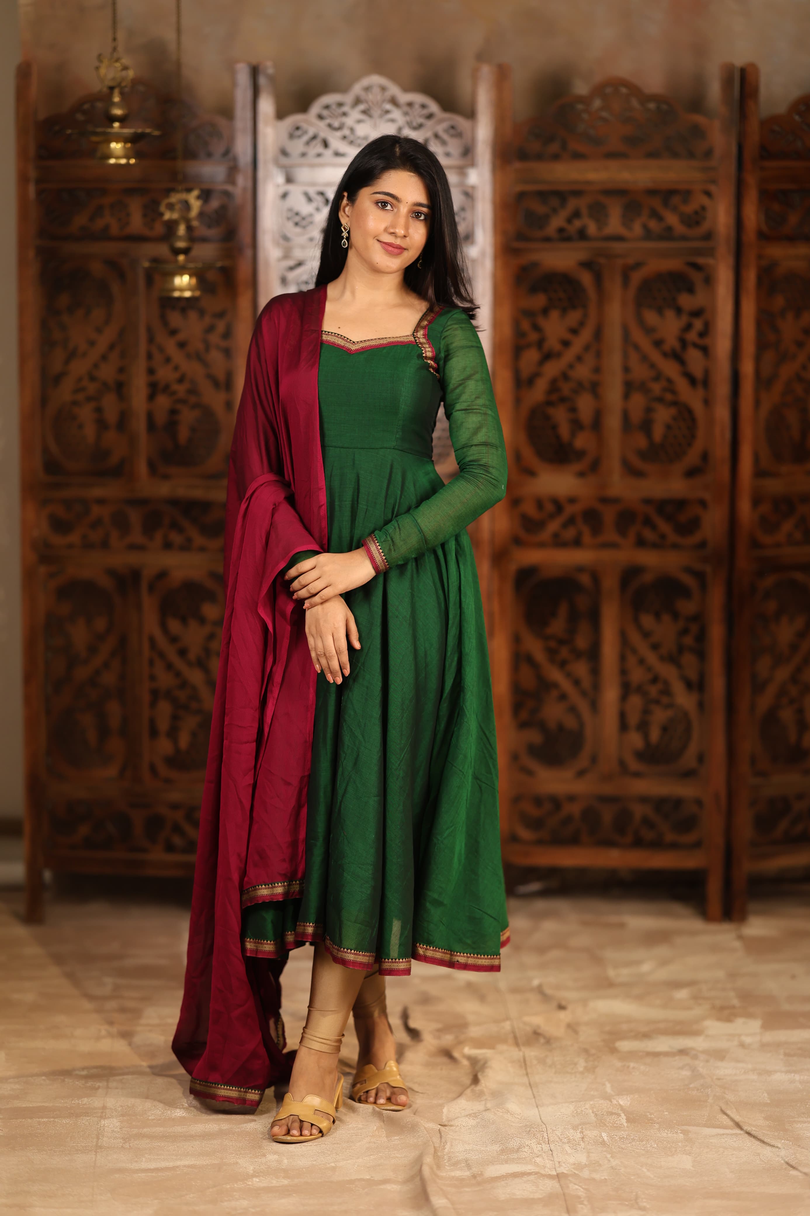 DD766 Thendral Pure Cotton Anarkali Dress - Women's Elegant Long Kurti with Flared Hem - Perfect for Festivals, Parties & Casual Wear