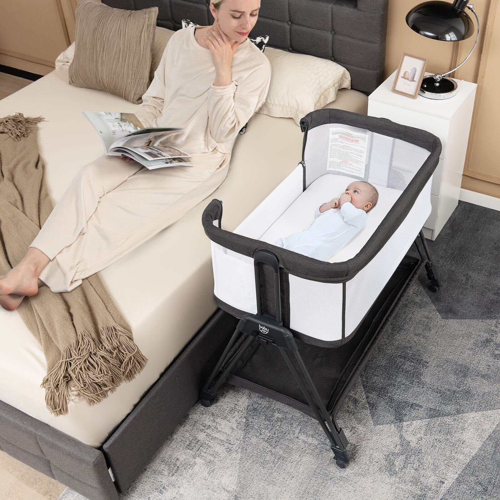BABY JOY Portable Bassinet Bedside Sleeper - Foldable Crib with Breathable Mesh Sides, Storage Shelf & 7 Height Adjustments | Includes Mattress & Travel Bag for Safe Co-Sleeping | Perfect for Newborns & Infants (Black) | Ideal for Nursery, Bedroom & Travel Use