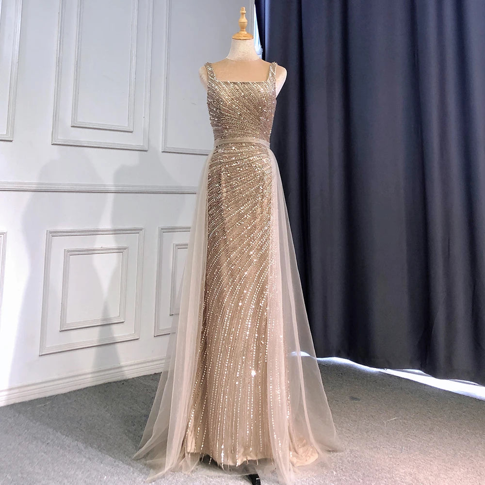 Elegant Silver Mermaid Evening Gown with Detachable Beaded Skirt - Luxury Arabic Party Dress for Women 2025 | Perfect for Weddings, Galas & Formal Events