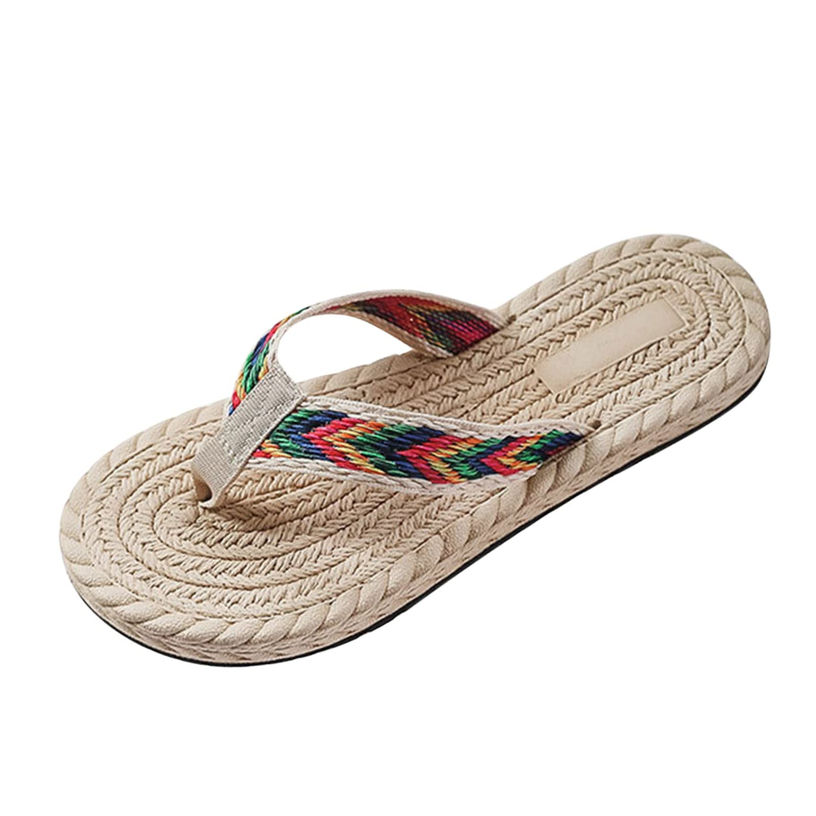 Women's Colorful Straw Espadrille Sandals - Breathable Flip Flops with Platform for Spring & Summer | Beach, Pool, Casual Wear (Beige, Size 6.5)
