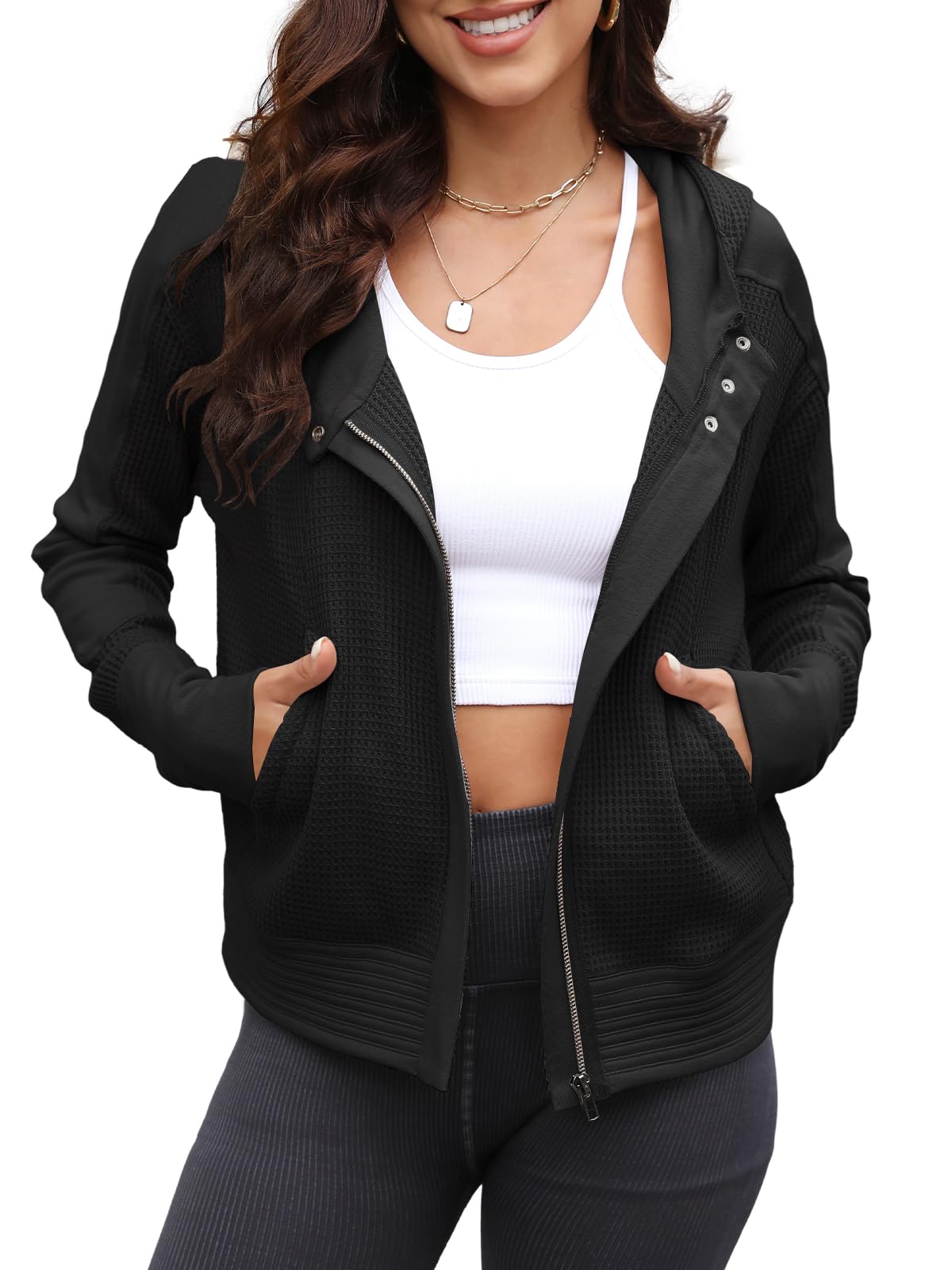 Yanekop Women's Waffle Knit Zip-Up Hoodie Jacket - Casual Long Sleeve Slouchy Shacket for Fall & Winter | Perfect for Layering, Outdoor Activities & Everyday Wear