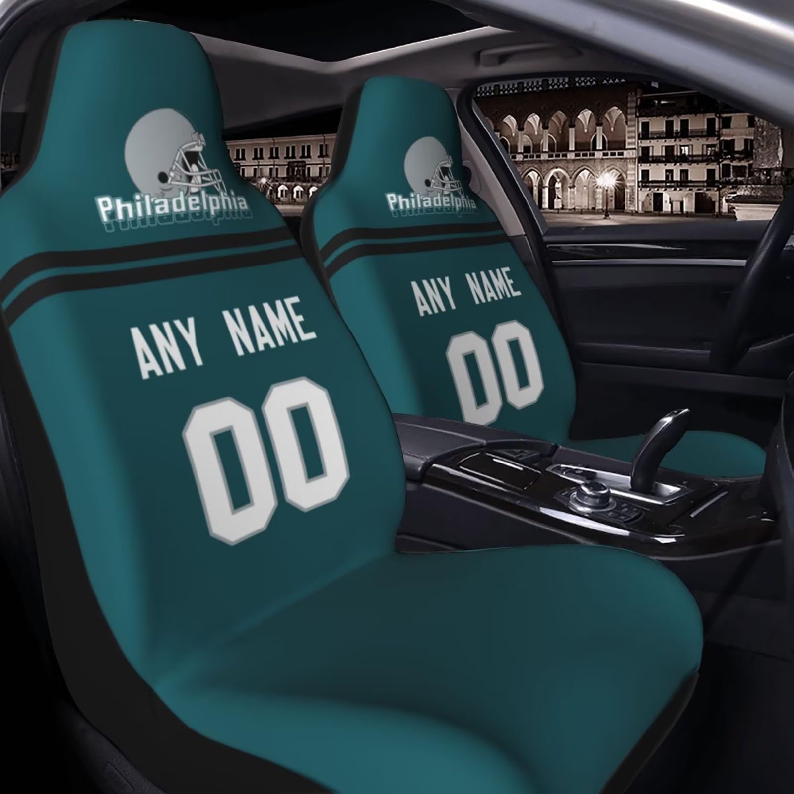 Custom Philadelphia Eagles Football Car Seat Covers - Personalized Name & Number Car Accessories - Universal Fit Elastic Front Seat Protectors (2-Piece Set) - Perfect for Eagles Fans, Game Day Tailgating & Protecting Car Seats