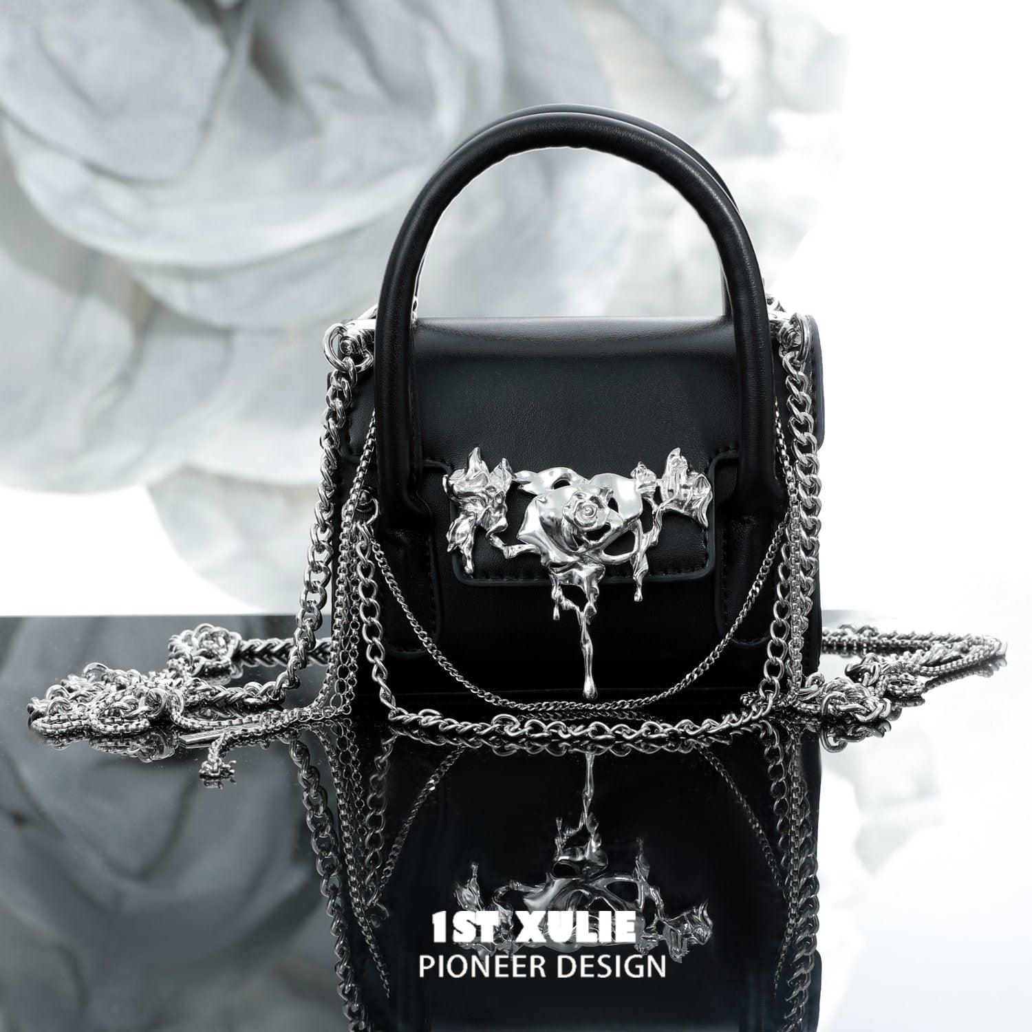 Gothic Style Rose Chain Handbag - Elegant Black Rose Embossed Leather Crossbody Purse for Women | Perfect for Evening Parties, Date Nights & Gothic Fashion Outfits