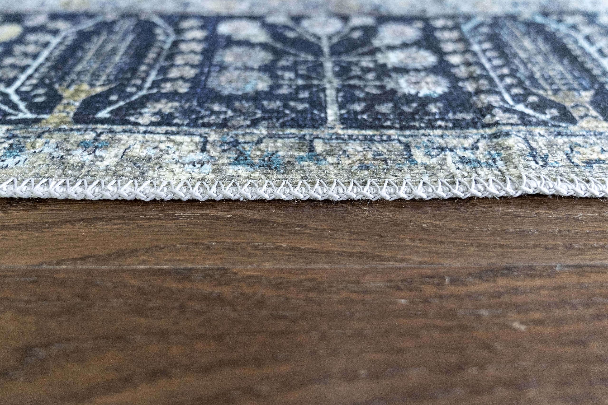 Softwoven 8x10 Machine Washable Cotton Area Rug - Non-Slip, Stain Resistant & Pet Friendly - Vintage Navy & Light Blue Design for Living Room, Bedroom & Hallway - Perfect for High Traffic Areas & Family Homes