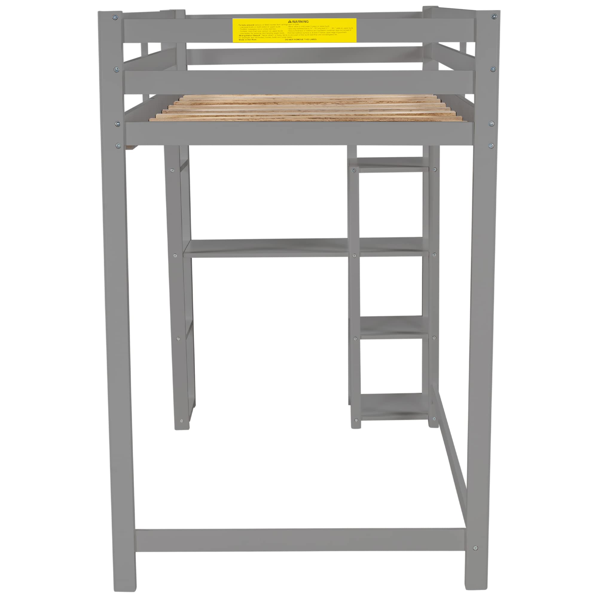 RUNNA Twin Size Loft Bed with Storage Shelves & Under-Bed Desk - Sturdy Wood Loft Bed Frame with Full-Length Guardrail & Built-in Ladder - Space-Saving Kids/Teens/Adults Bedroom Furniture (Gray) - Perfect for Small Rooms, Dorms & Apartments