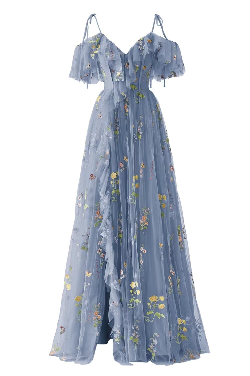 Elegant 2025 Women's Floral Embroidered Tulle Prom Dress with Spaghetti Straps - Long Formal Evening Gown for Homecoming, Wedding & Special Occasions