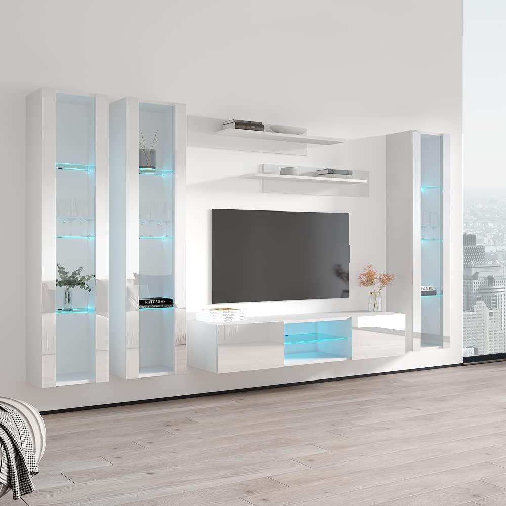 Modern Floating TV Stand with Storage & LED Lights - Wall-Mounted Entertainment Center Console for Bedroom & Living Room - White TV Cabinet with Shelves for Gaming & Home Theater Setup - Meble Furniture Fly CD2 33TV Stand