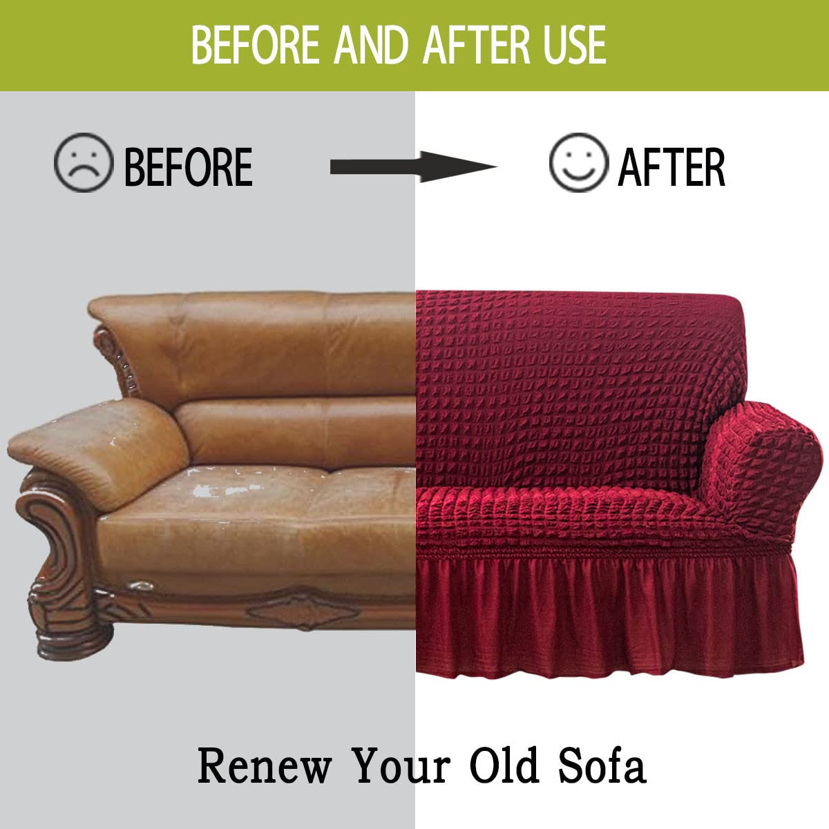 Qubjus Stretch Sofa Slipcover - Washable Couch & Sofa Bed Cover with Elastic Bottom & Skirt - Easy Fit Furniture Protector (Burgundy, Large) - Perfect for Living Room, Bedroom & Home Decor Protection