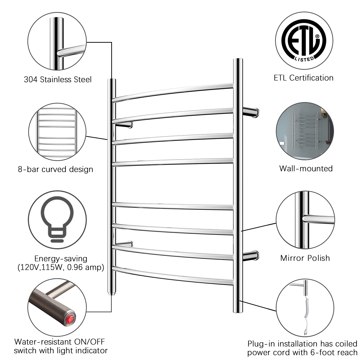 HEATGENE 8 Bar Plug-in Towel Warmer - Curved Bathroom Heater & Drying Rack with Mirror Polish Finish | Perfect for Spa, Luxury Bathrooms & Home Relaxation