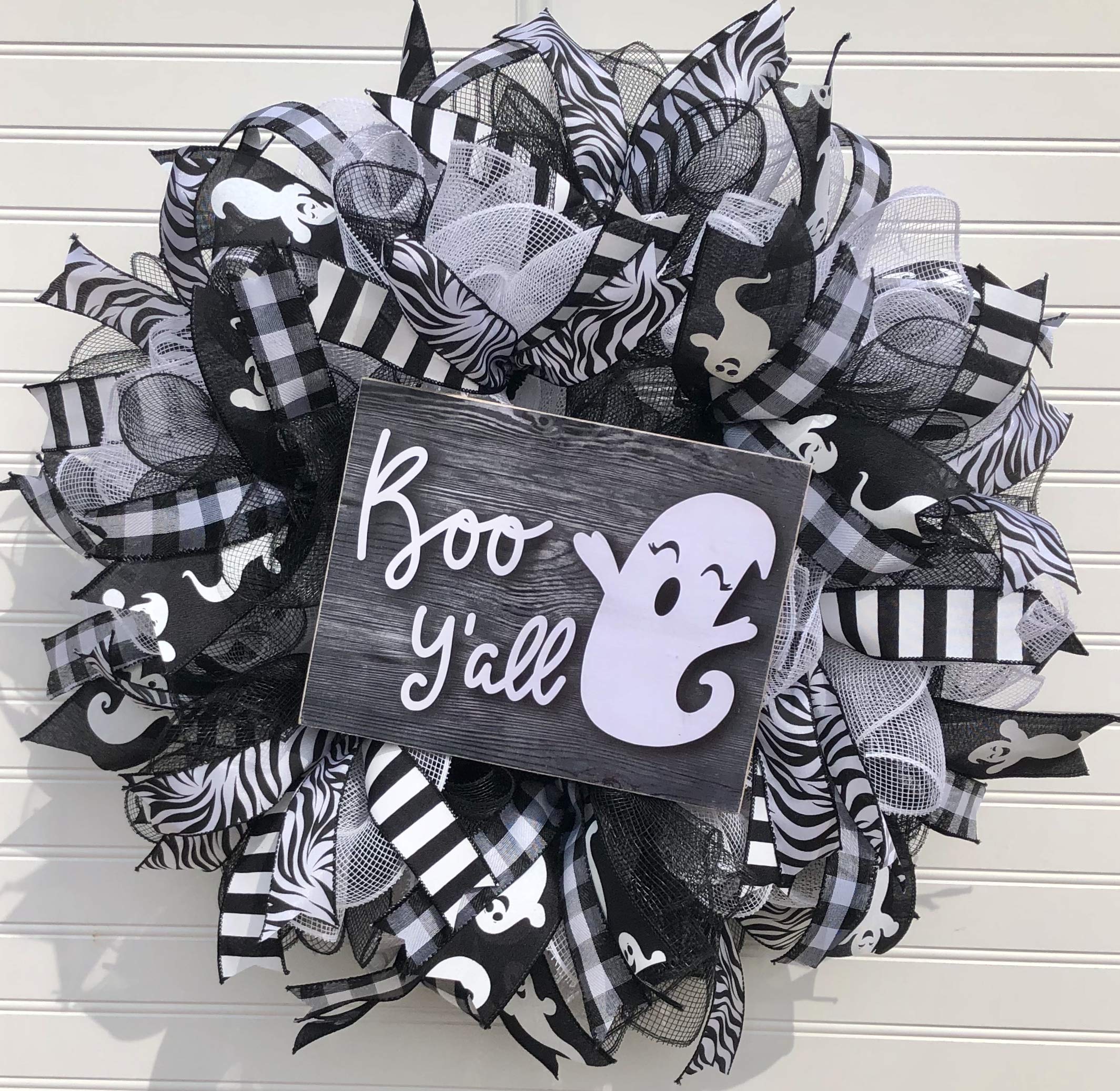 Spooky Halloween Ghost Wreath with 'Boo Y'all' Sign - Farmhouse Style Burlap Door Hanger for Halloween Decorations | Perfect for Front Door, Porch, and Indoor Halloween Party Decor