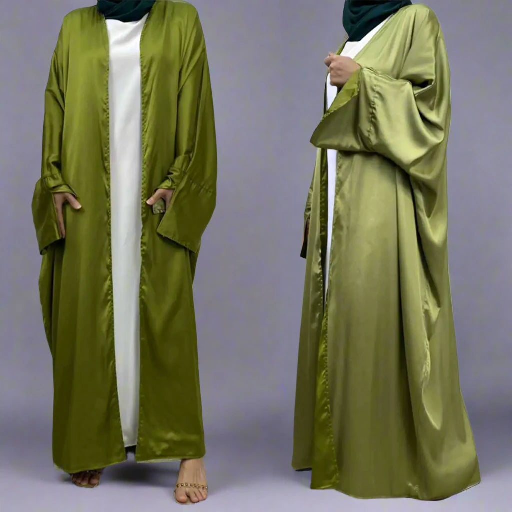 Reversible Satin Batwing Sleeve Farasha Cardigan Open Abaya Dress for Women - Elegant Muslim Abaya Dress for Prayer, Wedding & Special Occasions