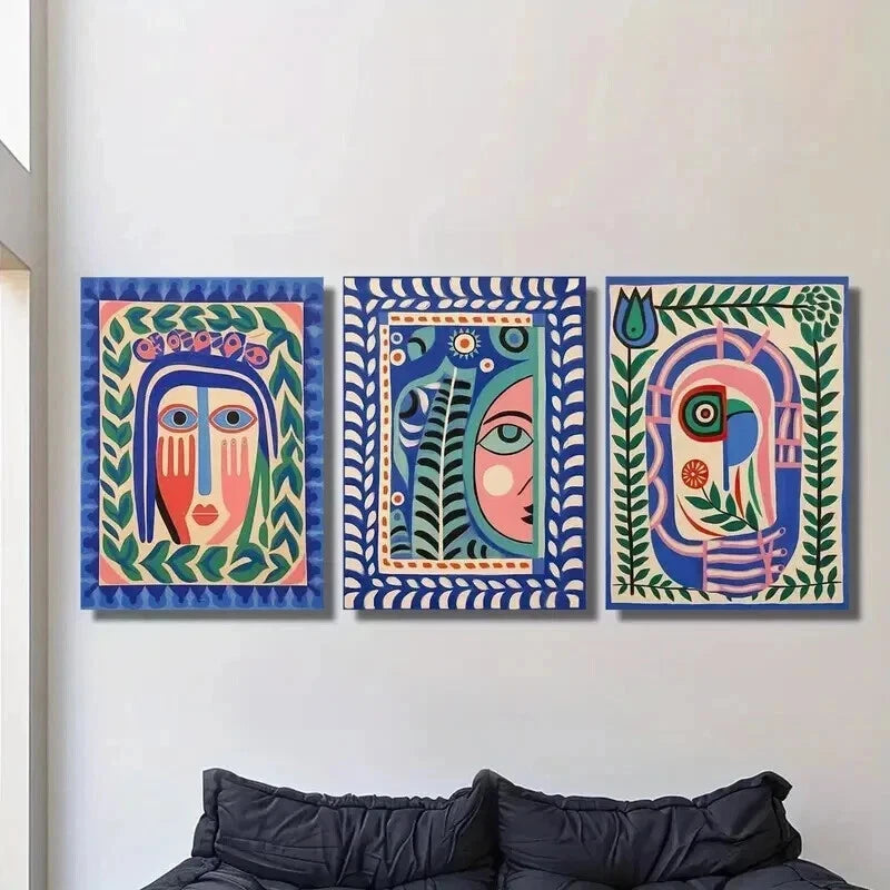 3-Piece Art Deco Folk Abstract Face Wall Art Set - Framed Canvas 50x70cm | High Quality Print | 100% Australian Made | Ready to Hang | Perfect for Living Room, Bedroom & Office Decor