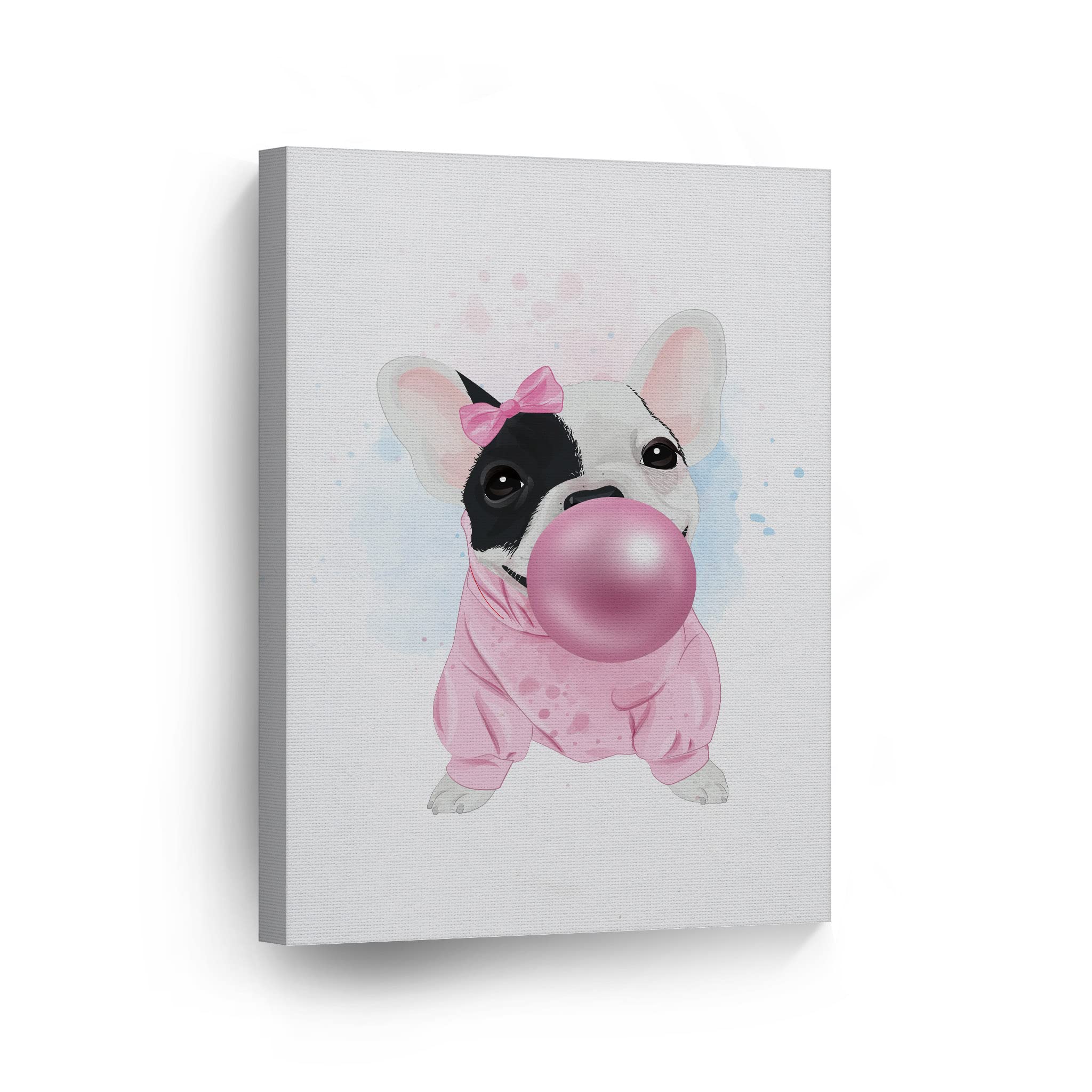 French Bulldog Portrait Canvas Wall Art Print - Smile Art Design with Ribbon & Bubble Gum, Perfect Pet Lover Gift for Dog Owners, Animal Themed Living Room, Bedroom, Nursery & Kids Room Decor - 36x24 Inches