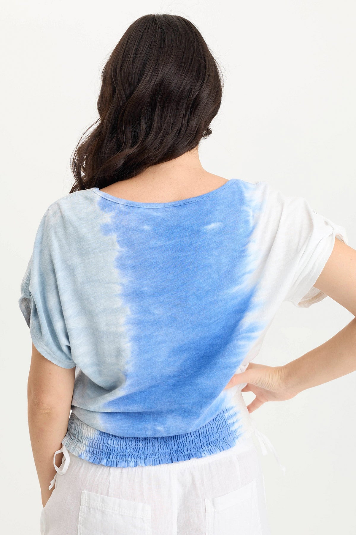 Oko Linen & Jersey Cinched Hem T-Shirt for Women - Casual Summer Blouse with Flattering Fit - Perfect for Beach, Office & Date Nights