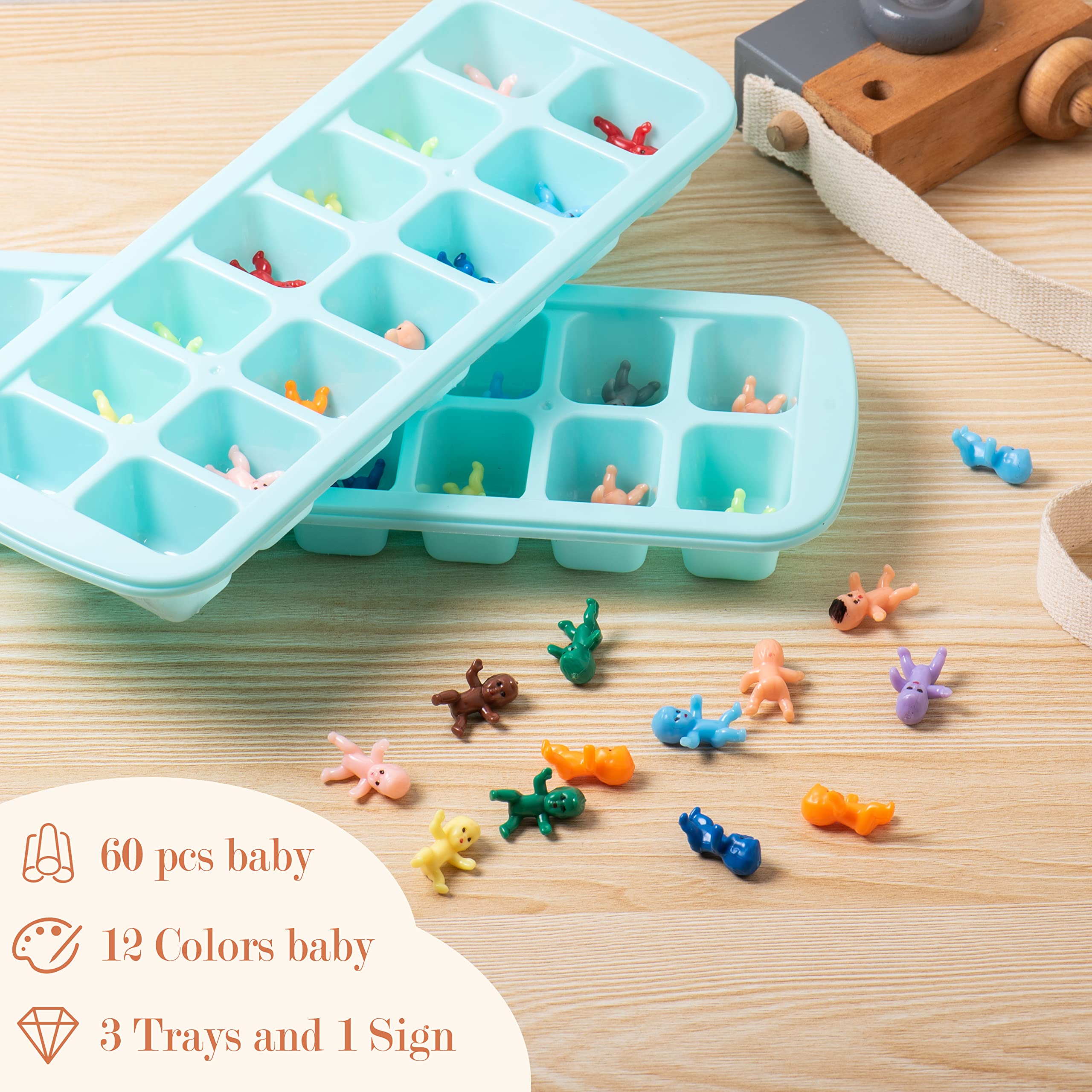 ZYFLSQ My Water Broke Baby Shower Game Kit - 60 Colorful Mini Plastic Babies, 3 Ice Cube Trays & 1 Sign - Perfect for Gender Reveal Parties & Baby Shower Activities
