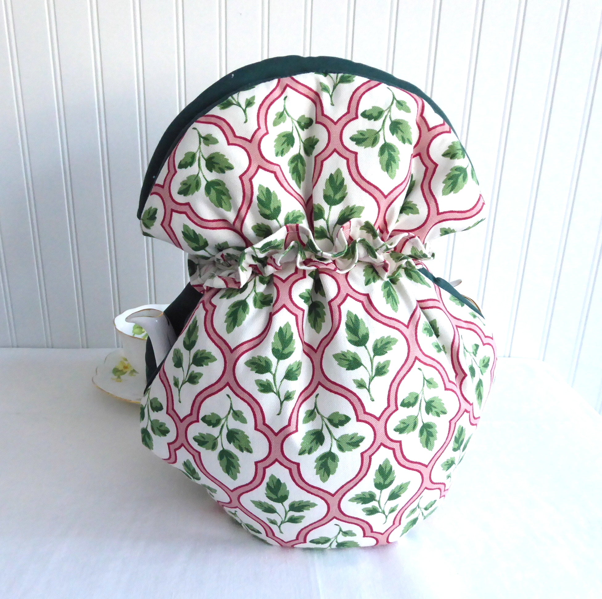 Large Tea Cozy - Padded Muff Style Insulated Tea Cover - Handmade Orchid Embroidery in Pink & Green - Perfect for Tea Parties & Winter Warmth