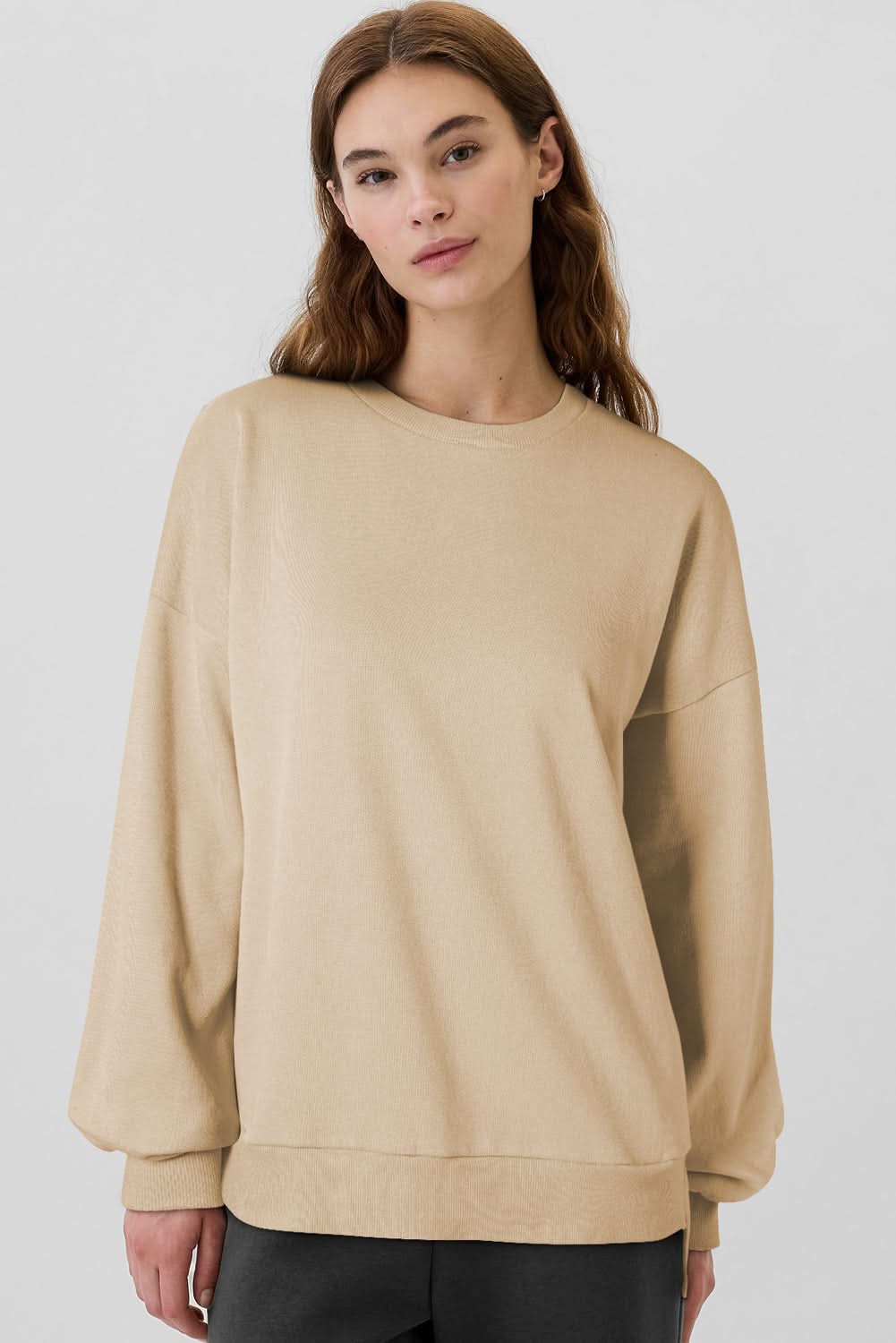 Apricot Solid Fleece Lined Drop Shoulder High Low Sweatshirt for Women - Cozy Oversized Pullover for Casual Wear, Street Style & Loungewear