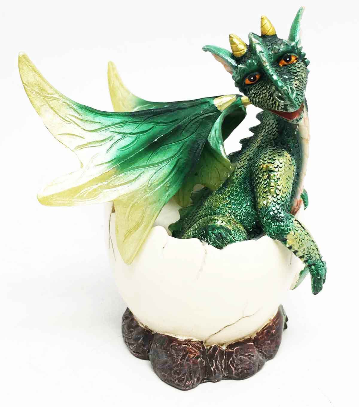 Smiling Green Baby Dragon Hatching from Egg - Handcrafted Collectible Figurine for Fantasy Decor, Gift & D&D Game Accessories
