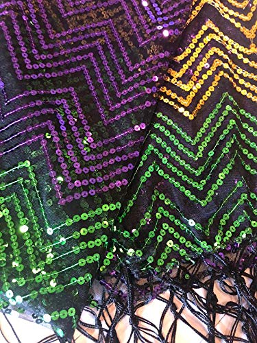 Purple Green Gold Mardi Gras Fleur De Lis Sequined Shawl - Elegant Fringed Scarf for Masquerade Costume & Party Decor | Perfect for Carnival, Table Runner, and Festive Celebrations