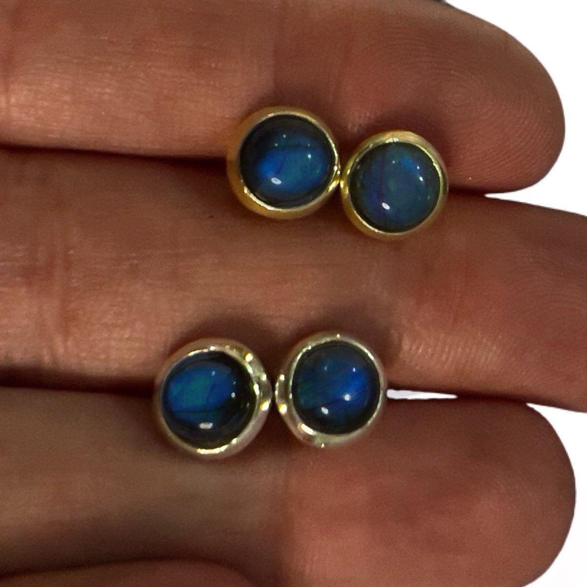 Labradorite Stud Earrings - Small Round Gold Plated Chic & Classic Studs for Women | Perfect for Everyday Wear, Office & Special Occasions