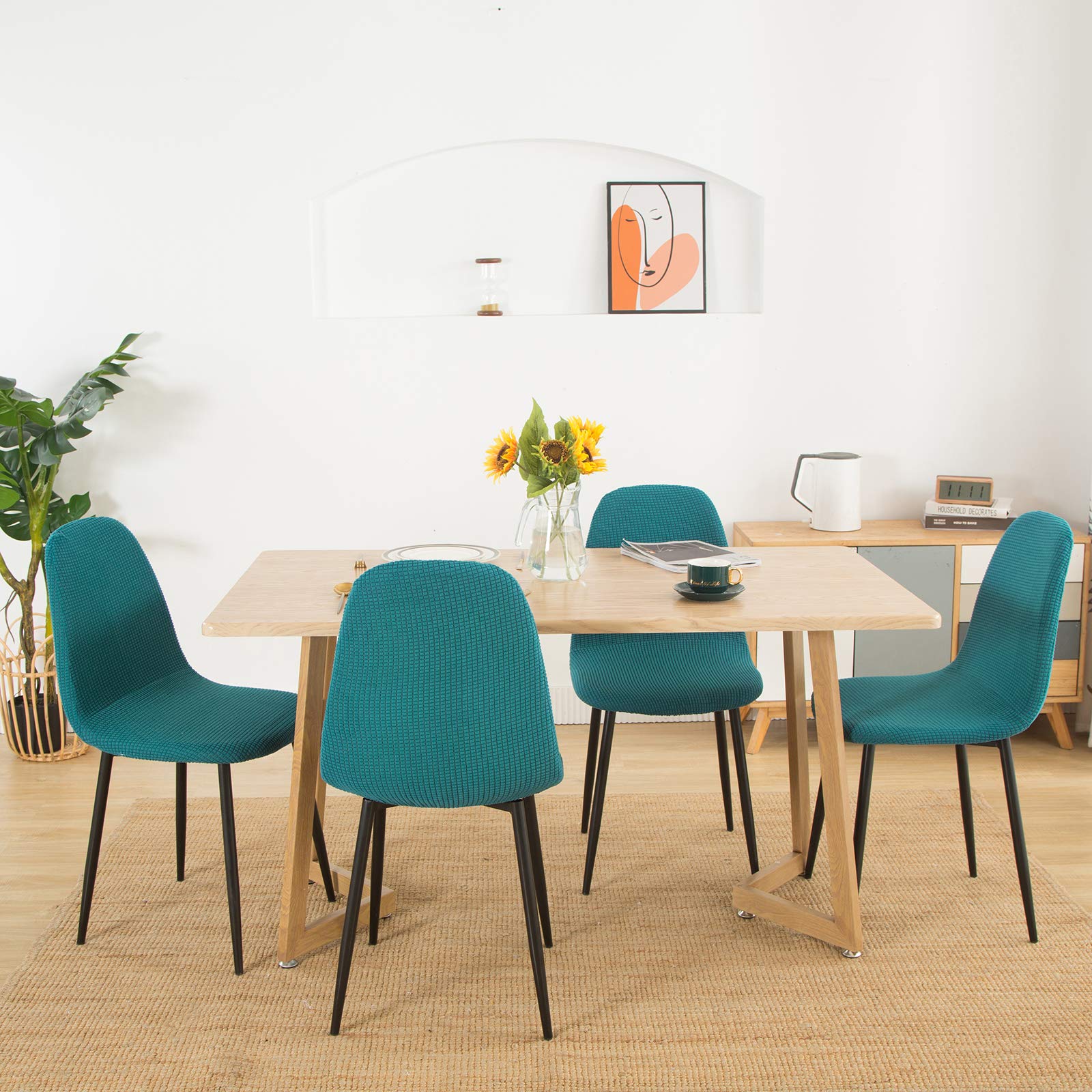 Stretch Shell Chair Covers - Mid Century Modern Jacquard Slipcovers for Armless Chairs, Washable Dining & Living Room Furniture Protector (Set of 4, Teal) | Perfect for Home Decor, Office, Bedroom & Lounge Areas