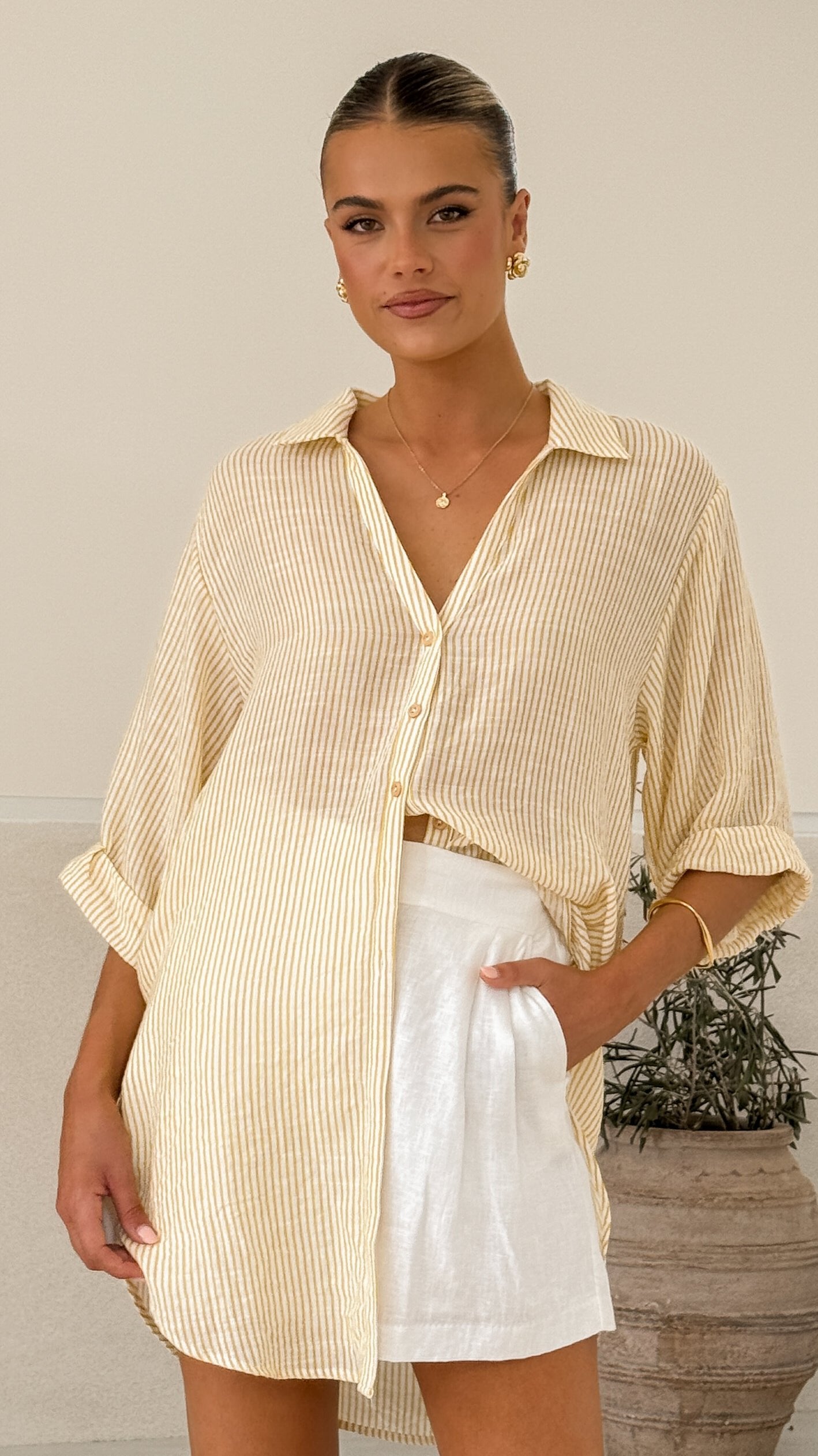Lucia Shirt - Yellow and White Striped Women's Casual Blouse for Work & Everyday Wear | Perfect for Office, Dating & Weekend Outfits