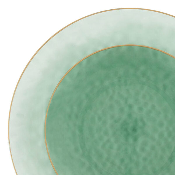 32-Piece Green & Gold Hammered Round Plastic Dinnerware Set - BPA-Free Reusable Dinner Plates, Bowls, Cups & Utensils (Serves 16) - Perfect for Outdoor Picnics, BBQs, Parties & Eco-Friendly Dining