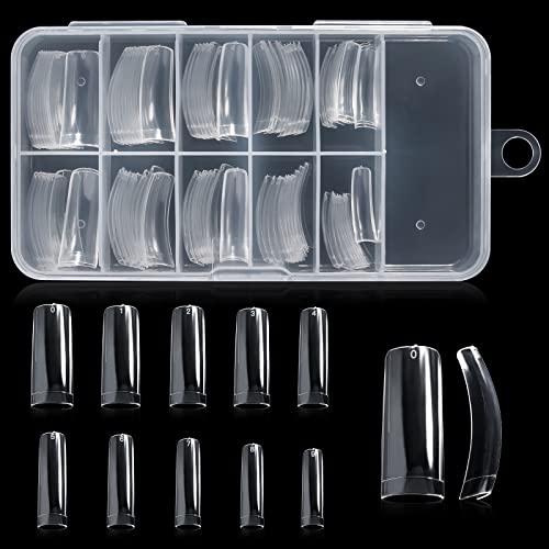 Funfe Curve Nail Tips - 100 Pcs Clear Square Nail Tips for Extensions (10 Sizes) | Coffin & Tapered Square Artificial Nails for Professional Salon & DIY Manicures at Home