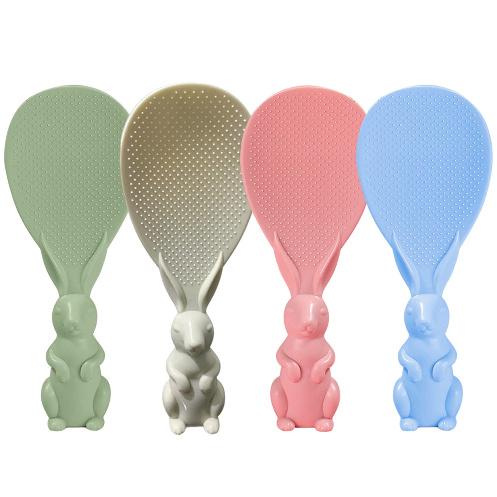 Non-Stick Rice Scoop Set - 4pcs Rabbit Design Rice Paddle Spoon with Stand, Wheat Straw Material for Rice Cooker - Perfect for Serving Rice, Sushi & Grain Dishes in Home Kitchen & Restaurants