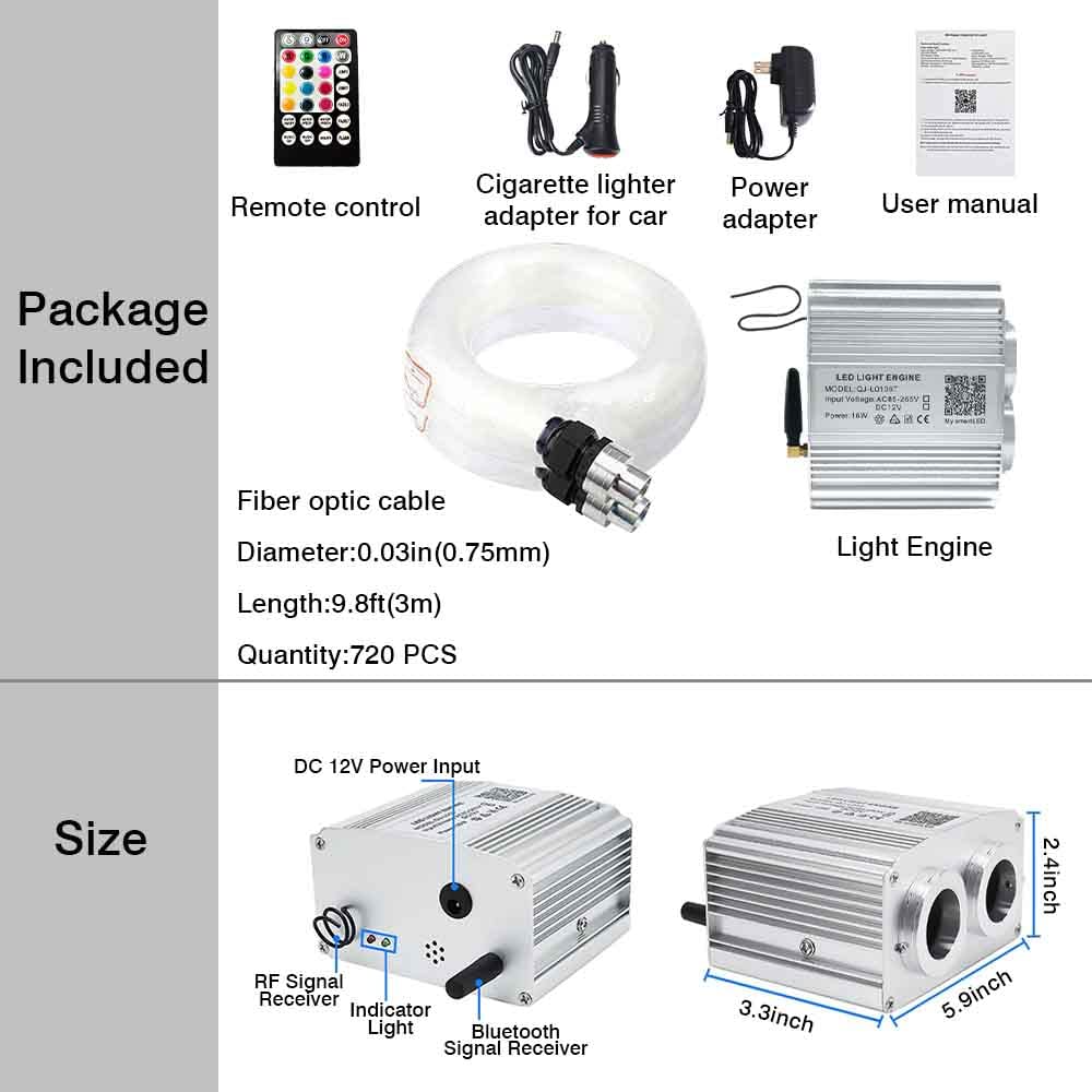 16W Dual Head Twinkle Fiber Optic Lights Kit with Bluetooth & RGBW LED - APP/Remote Control for Car, Home Ceiling & Star Sky Light (720pcs 0.03in 9.8ft) - Perfect for Bedroom Decor, Parties & Relaxation