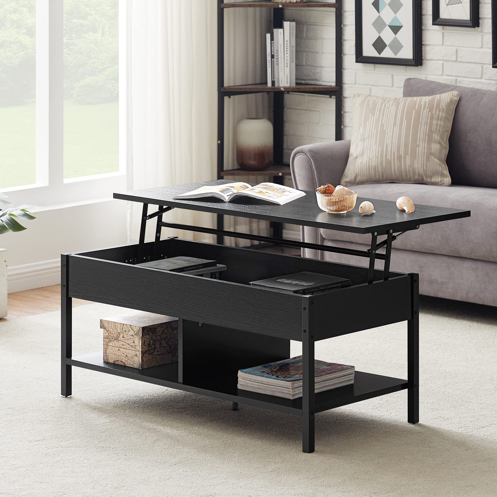 Modern Lift-Top Coffee Table with Storage & Lower Shelf - Sofa Table for Living Room, Black & White Wooden Design - Perfect for Small Spaces, Home Office & Apartment Decor