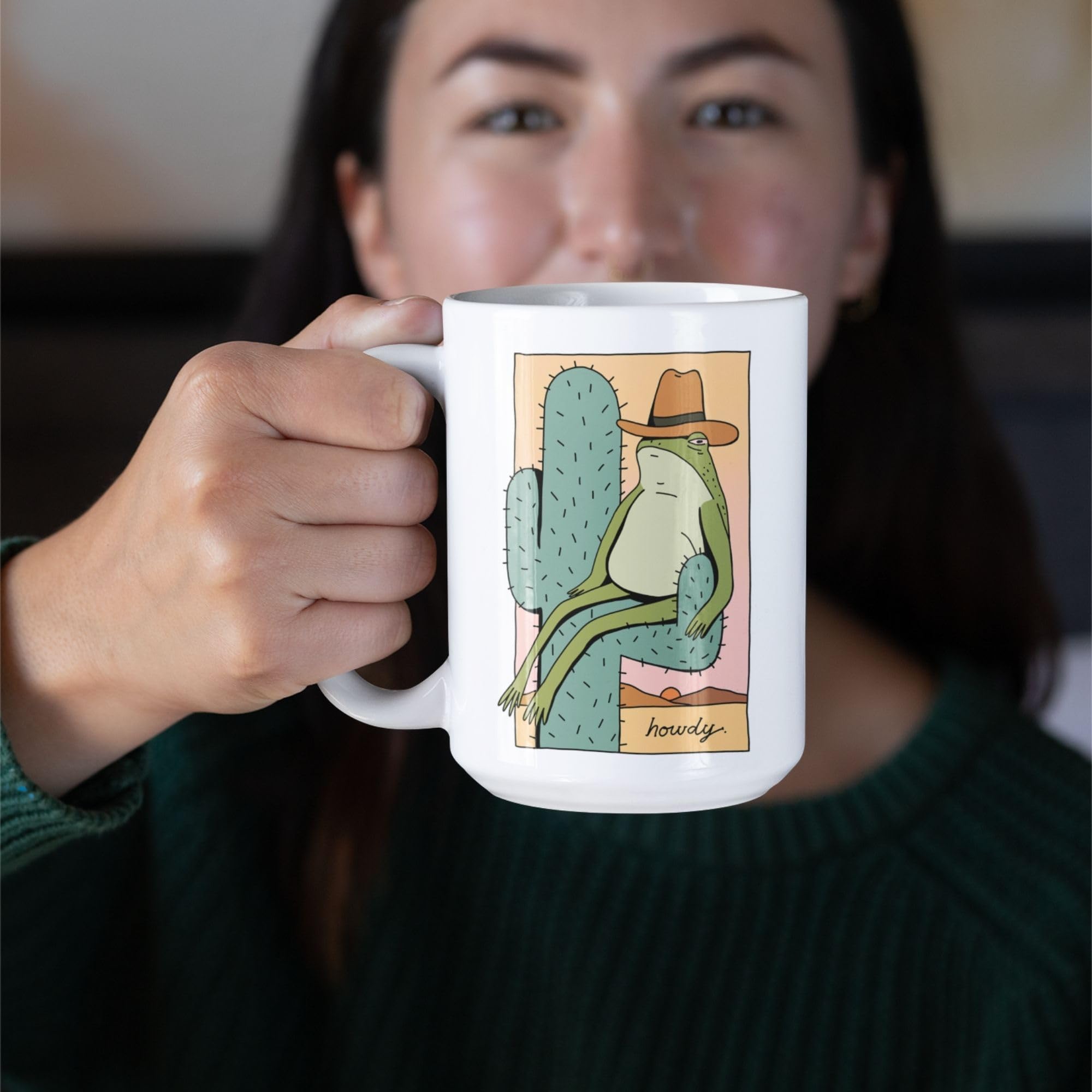 LookHUMAN 15oz Ceramic Western Coffee Mug - Funny Howdy Frog Cowboy Design, Double-Sided Print, Dishwasher Safe | Novelty Gift for Cowboy & Western Lovers | Perfect for Home, Office, or Ranch Use