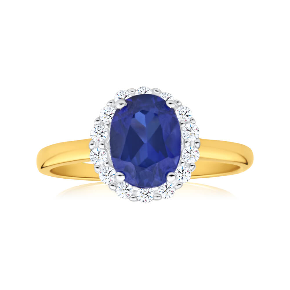 9ct Yellow Gold 8x6mm Oval Created Sapphire & Cubic Zirconia Halo Ring for Women | Elegant Engagement, Wedding, Anniversary Gift | Perfect for Bridal Jewelry & Special Occasions