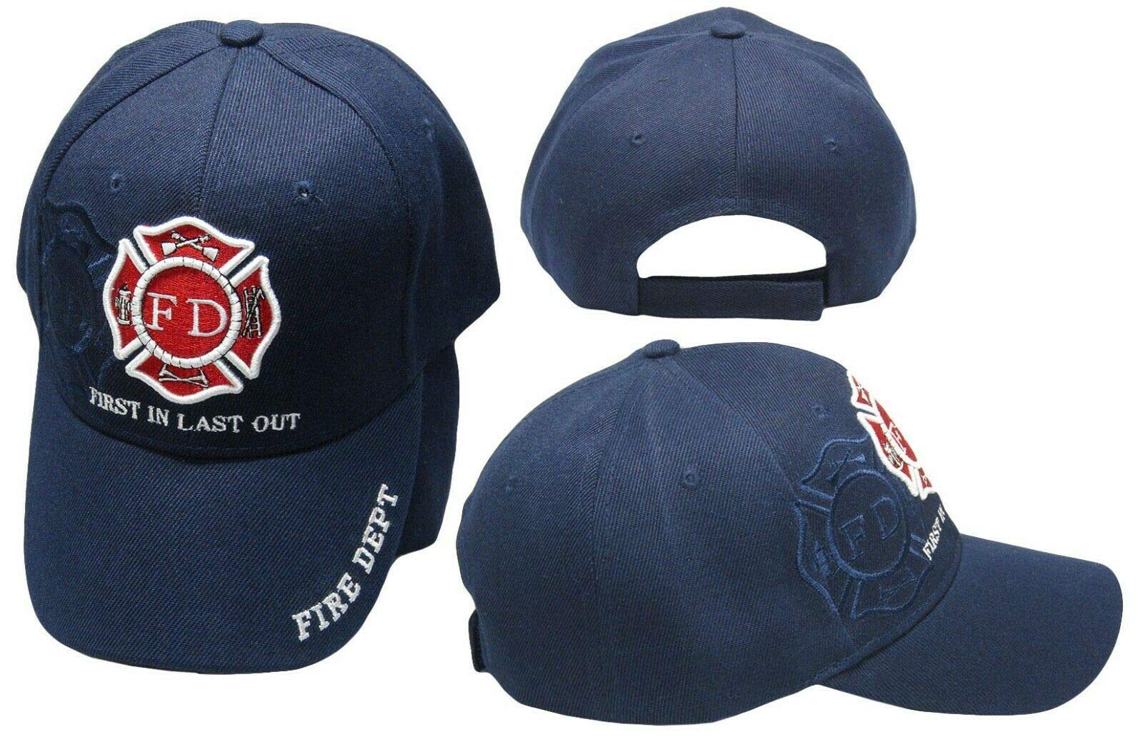 Trade Winds Fire Department First In Last Out Navy Blue Embroidered Cap - Durable Firefighter Hat for Work, Outdoor & Casual Wear
