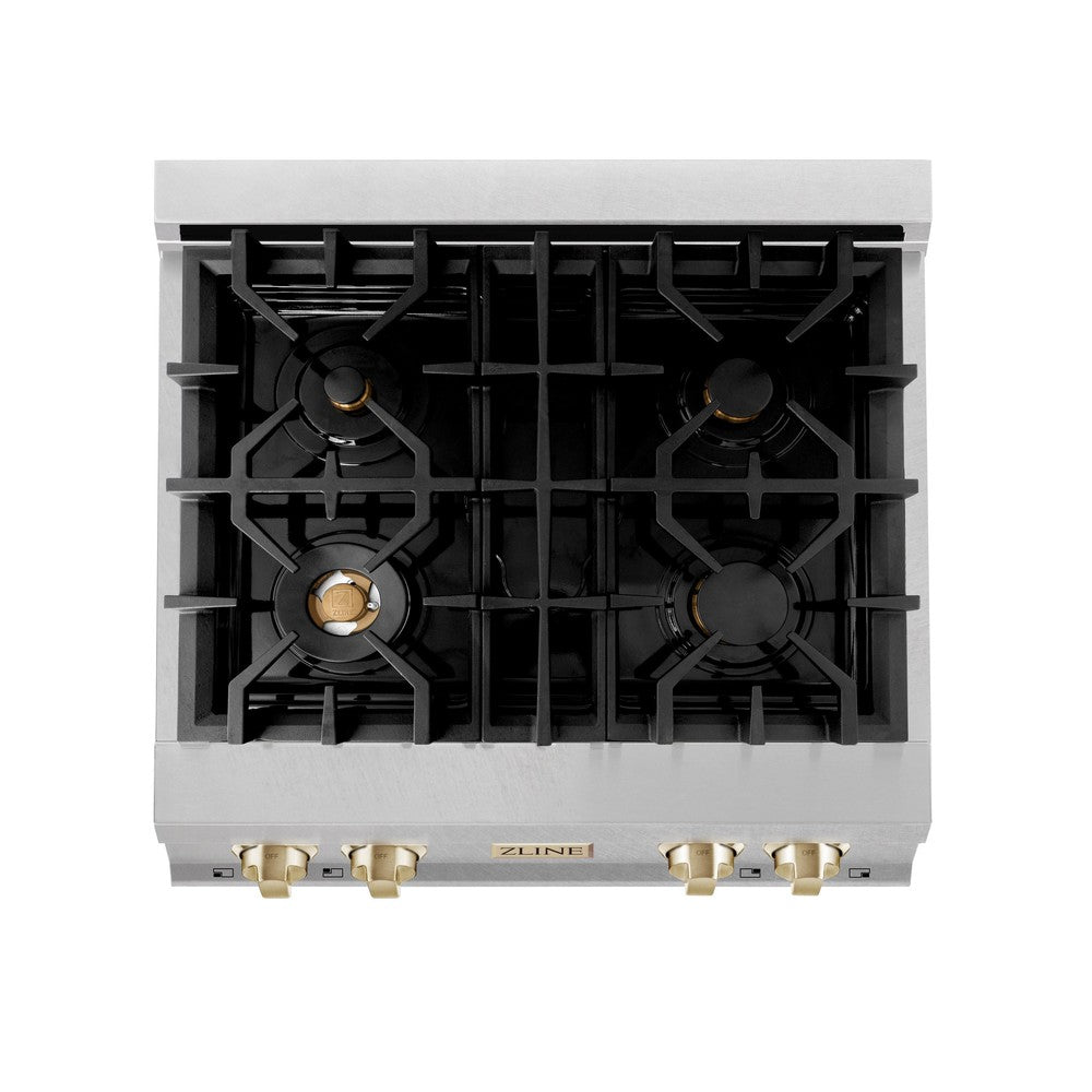 ZLINE Autograph Edition 30-Inch 4-Burner Gas Rangetop with Porcelain Cooktop - Satin Stainless Steel & Polished Gold Accents (RTSZ 30 G) - Perfect for Gourmet Kitchens & Modern Home Cooking