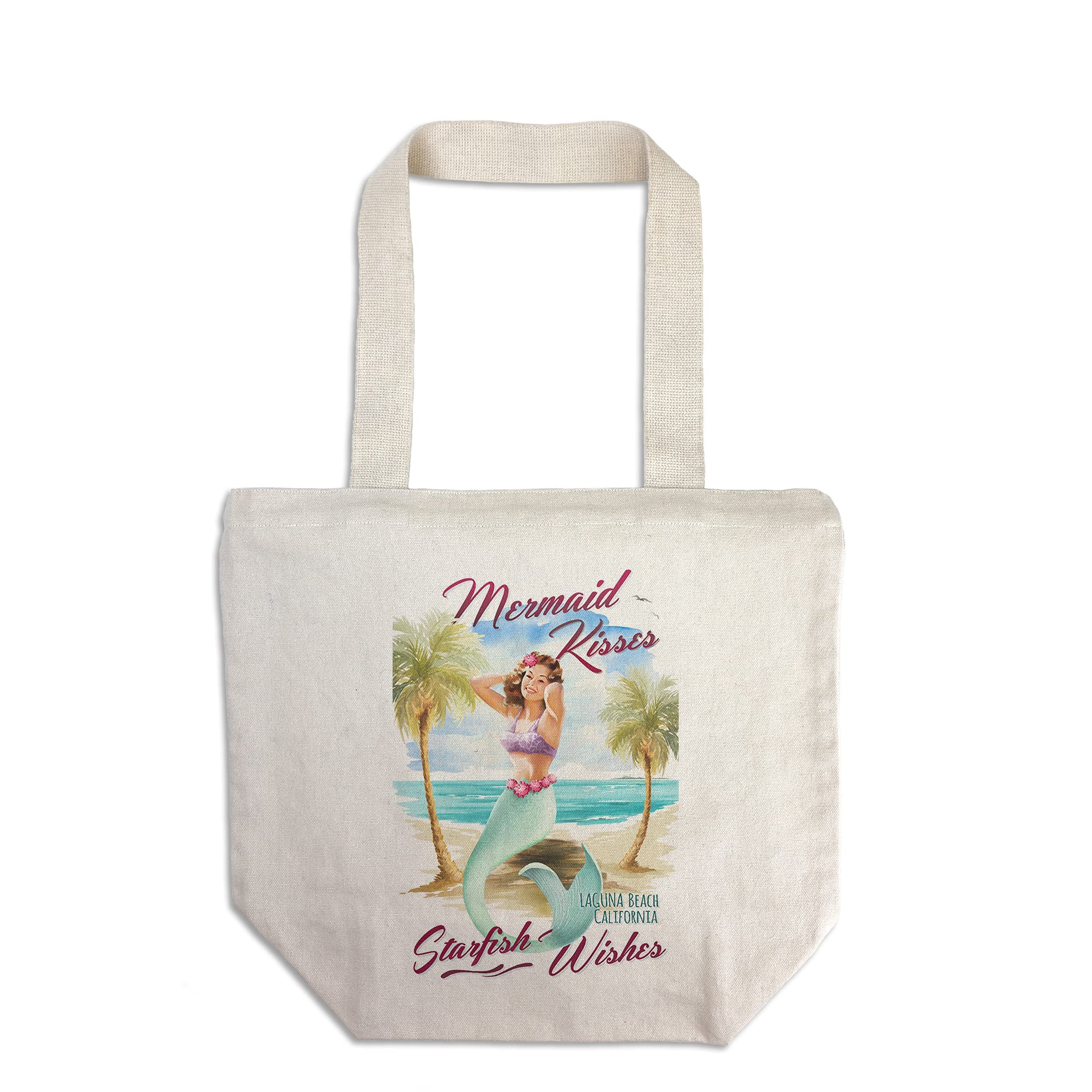 Mermaid Kisses and Starfish Wishes Watercolor Tote Bag - 100% Cotton Canvas Reusable Shopping Bag - Beach Day Essential for Laguna Beach, CA