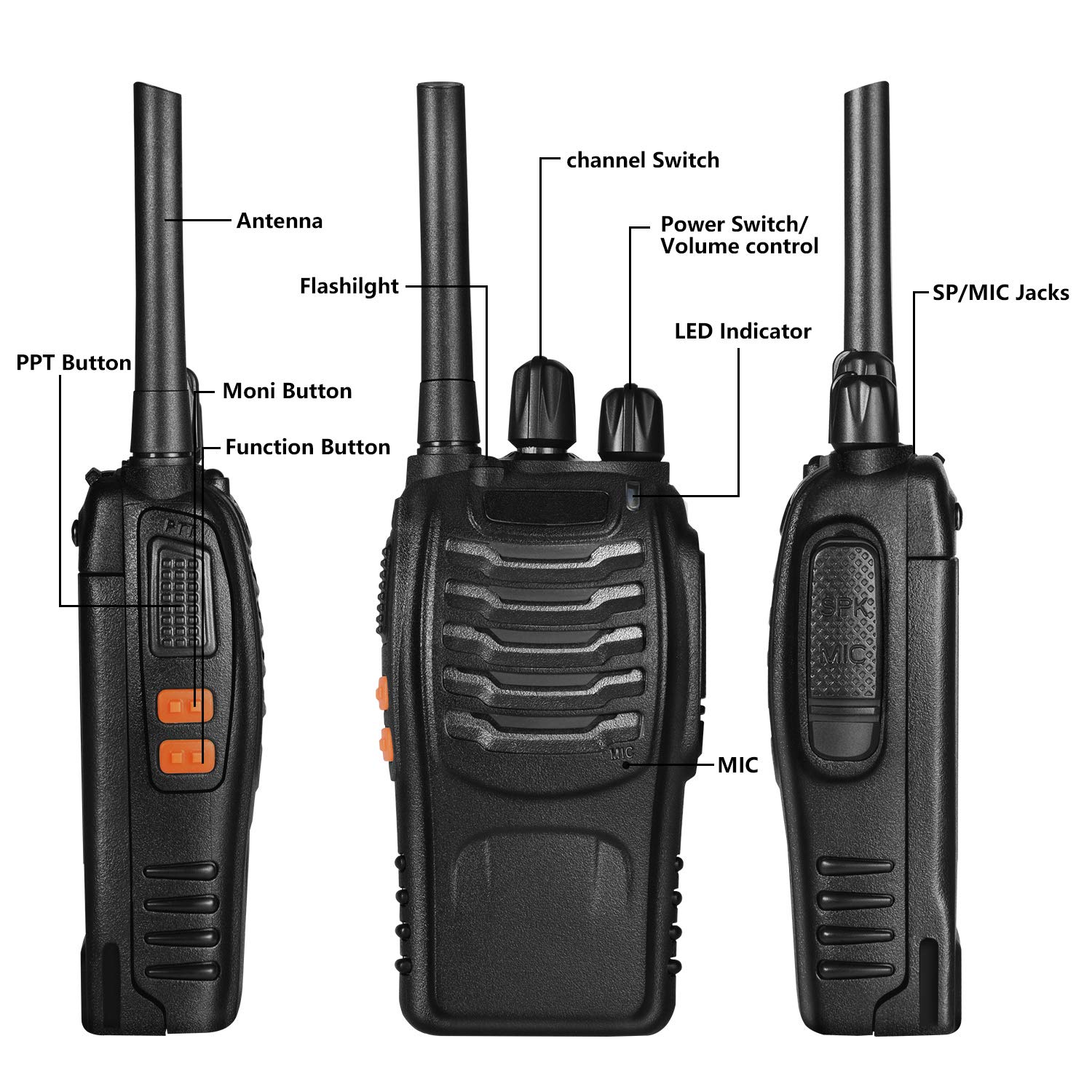 Professional BF-88E Long Range Walkie Talkie - 16 Channel PMR446 Rechargeable Two-Way Radio with Original Headset & USB Charging Station (Black, 1 Pair) - Ideal for Outdoor Adventures, Construction Sites, and Event Coordination