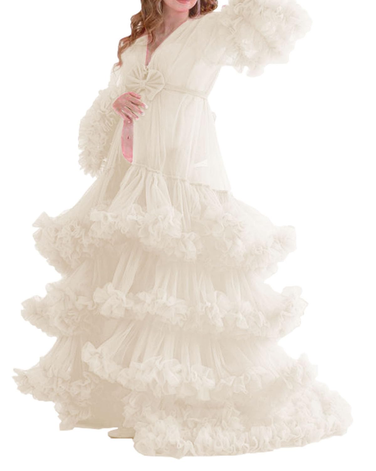 Elegant Tulle Maternity Robe - Long Lace Nightgown for Pregnancy Photoshoots & Baby Showers - Comfortable Nursing Dress for Expecting Mothers - Perfect for Maternity Photos, Bridal Showers & Special Occasions - SZPD09