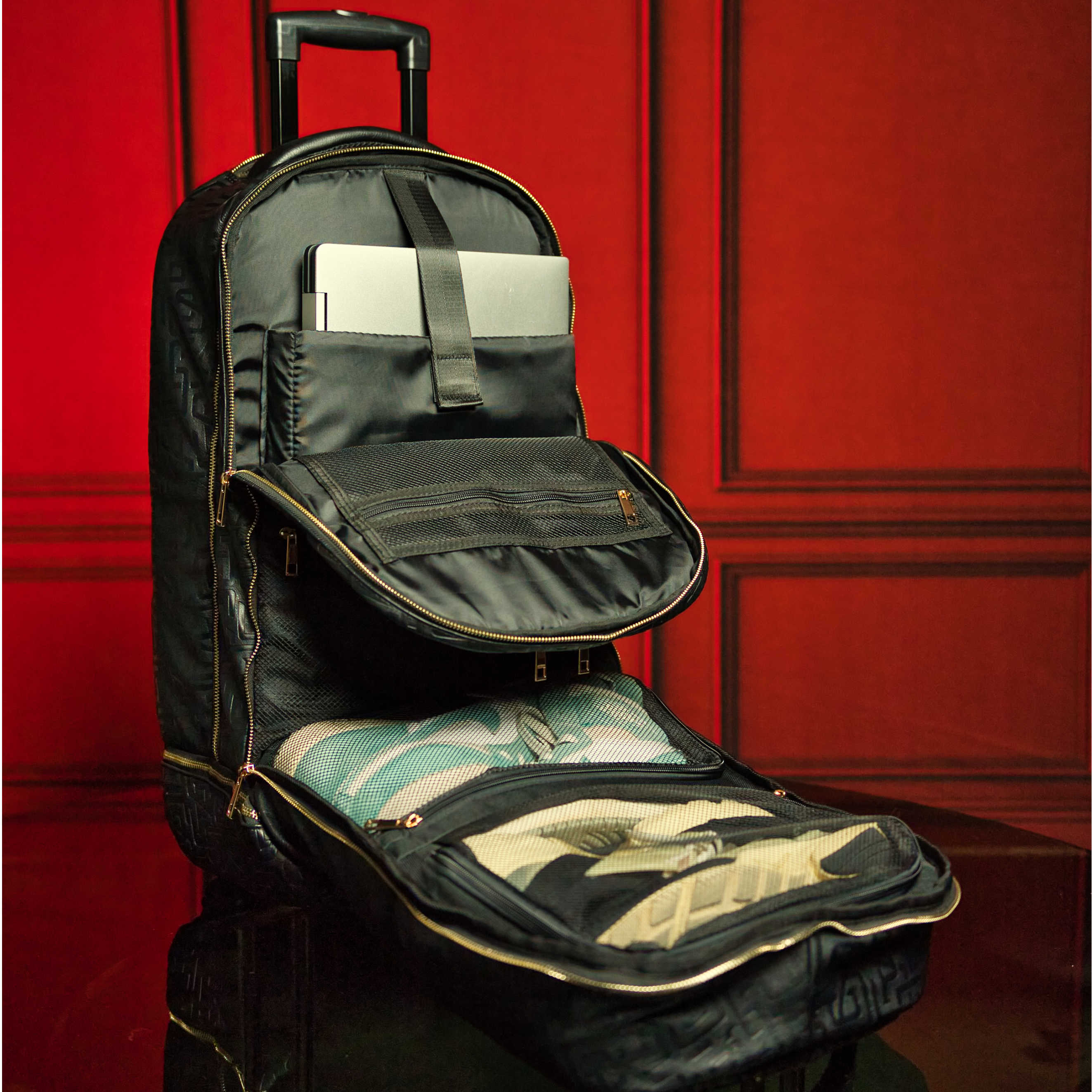 Premium Black Monogram Leather Carry-On Roller Bag - Patented Signature Design Luggage for Business Travel & Weekend Getaways