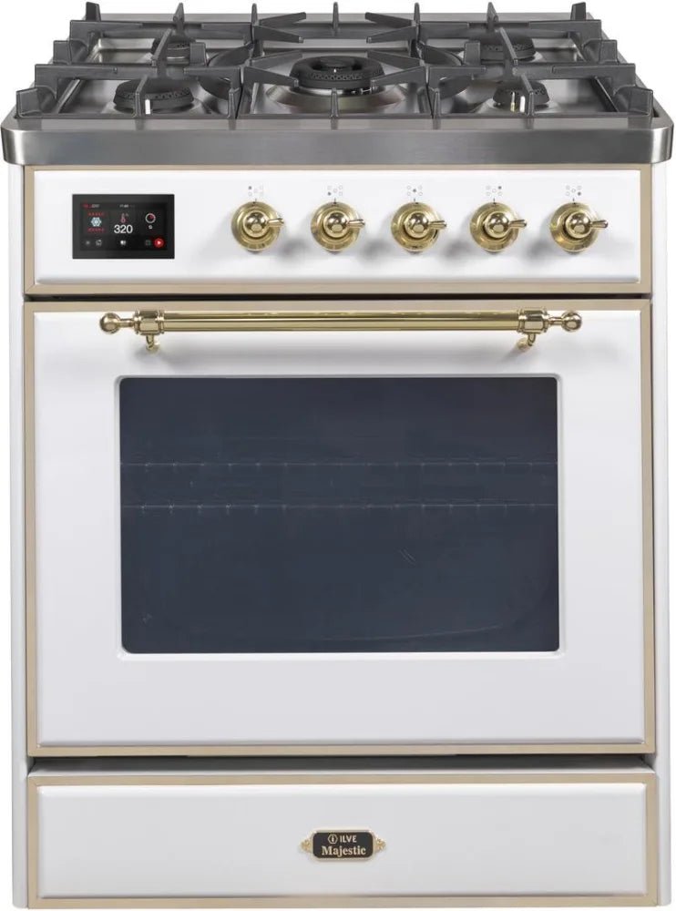 ILVE Majestic II 30 Inch Dual Fuel Range with White Brass Trim - Professional Gas & Electric Stove for Home Kitchen - Perfect for Baking, Roasting & Gourmet Cooking (Model UM30DNE3WHG)