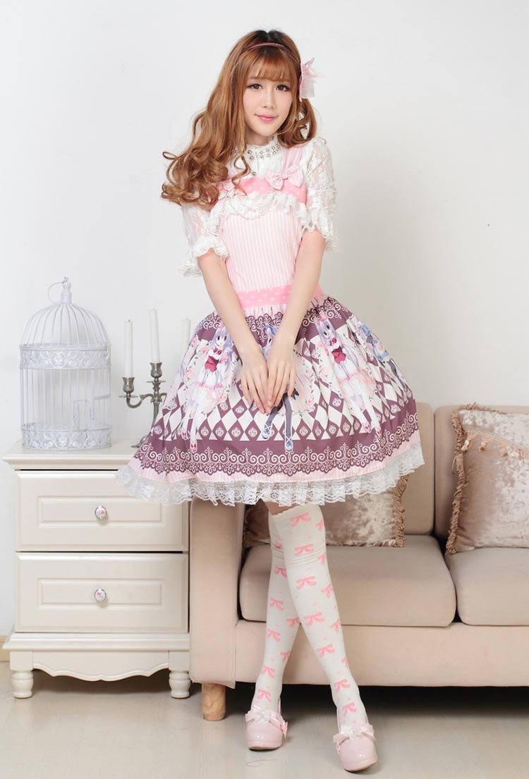 Women's Pink Polyester Lolita Dress with Rose Straps & Princess Print - Sweet Cute Gothic Fashion for Cosplay, Tea Parties & Special Occasions