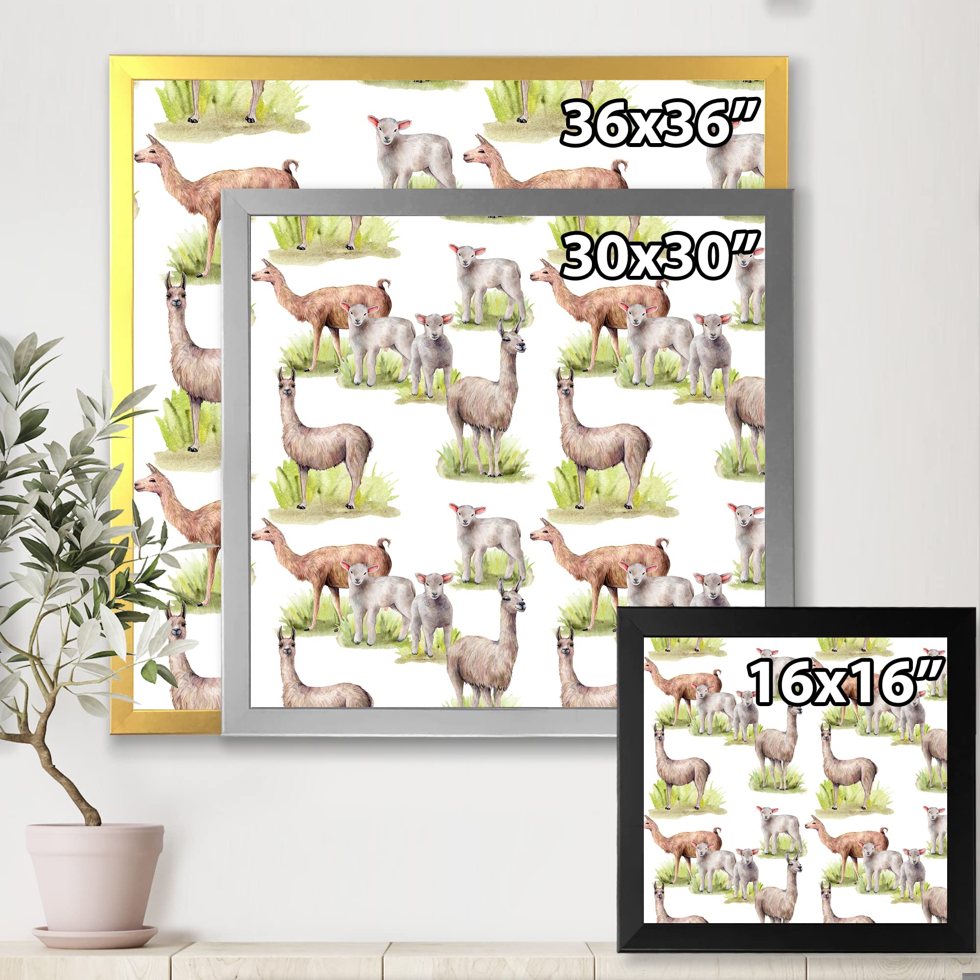 DesignQ Lamas and Lambs On A Green Meadow Framed Wall Art - Farmhouse Decor for Living Room, Bedroom & Nursery