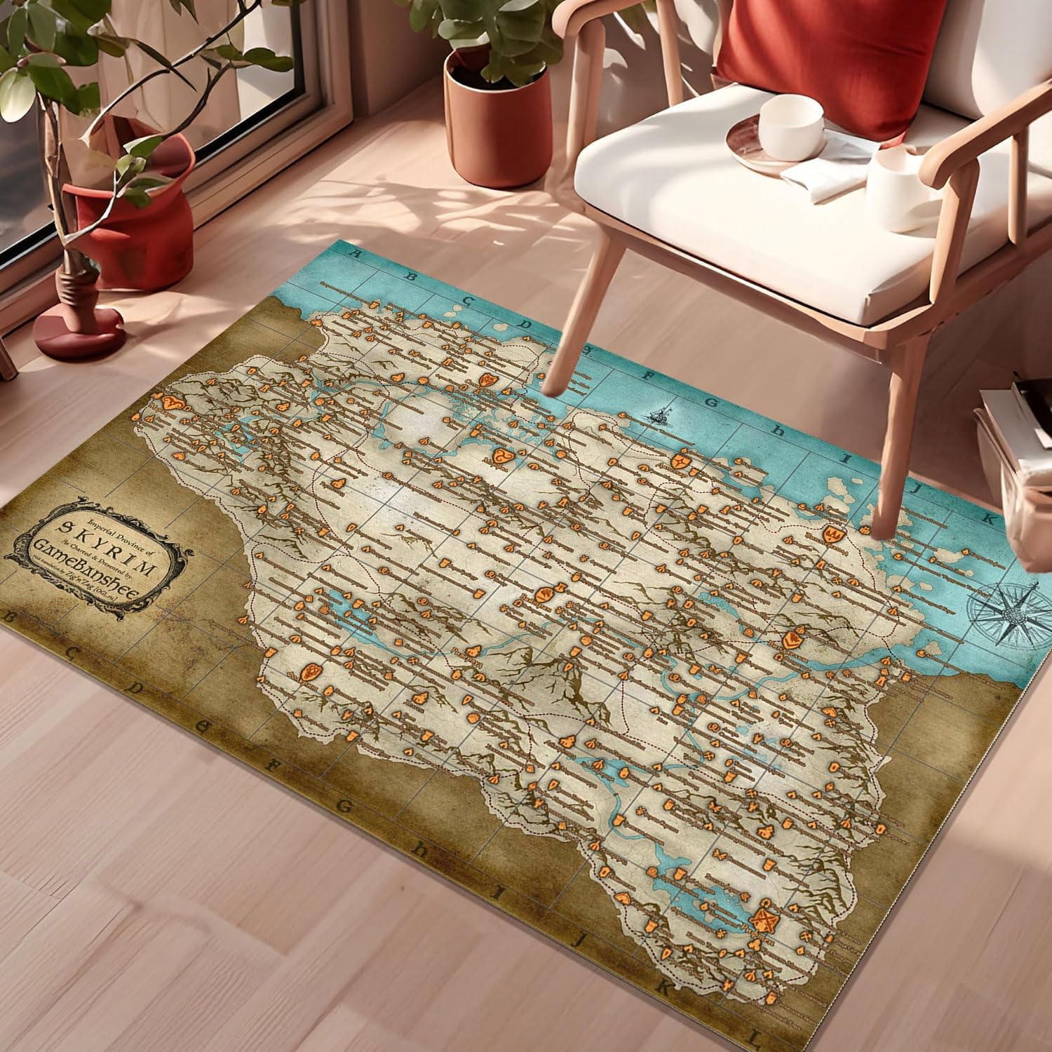 Skyrim Video Game Map Rug - Non-Slip Machine Washable Gaming Mat for Bedroom & Living Room Decor - Perfect Gift for Gamers & Elder Scrolls Fans
