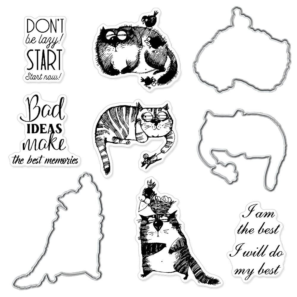 Lazy Cat Metal Cutting Dies & Clear Stamps Set - DIY Card Making, Scrapbooking, Photo Album Decor - Craft Rubber Seal Stamps for Paper Projects, Invitations, Journals & Home Decor