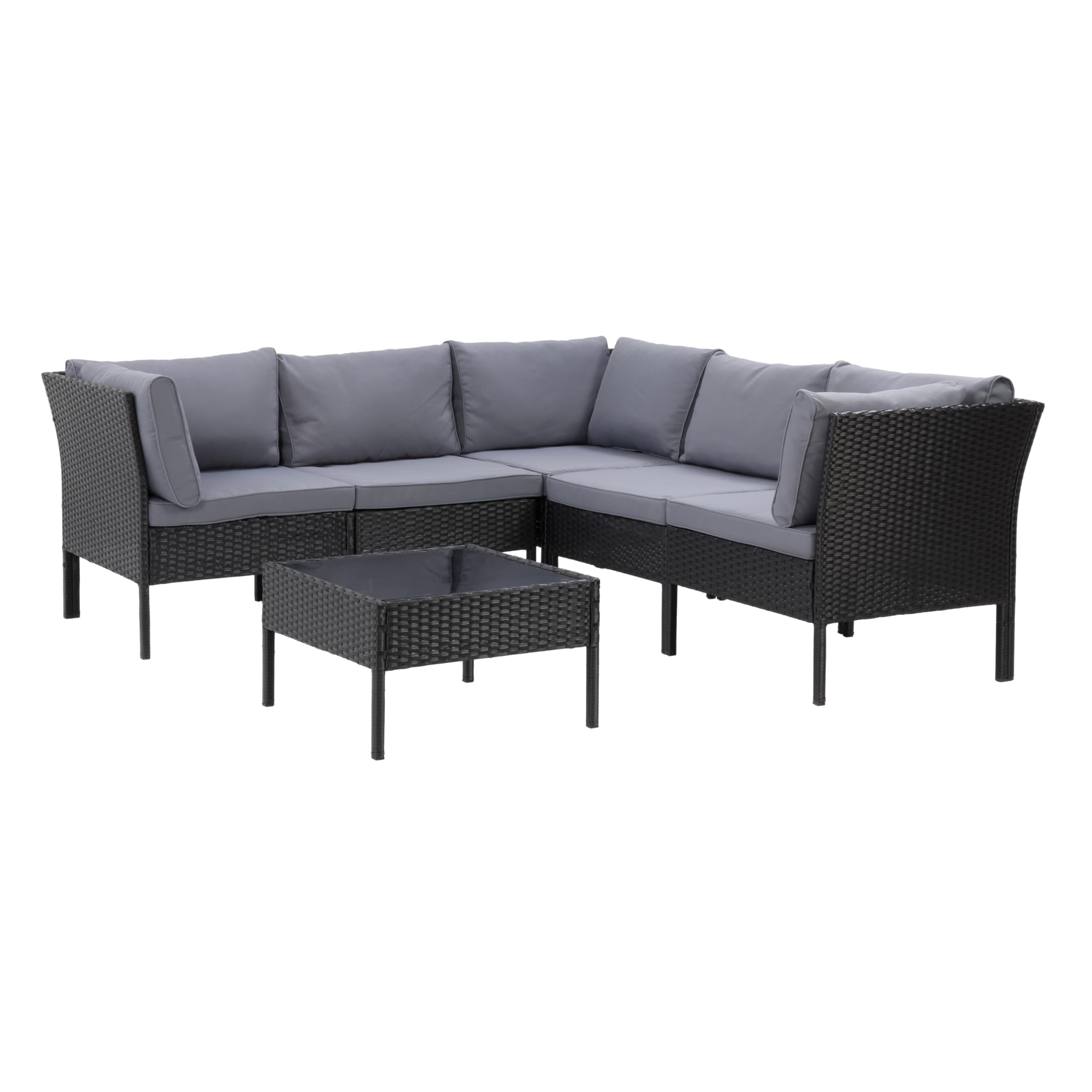CorLiving Black Wicker/Rattan 6-Piece Outdoor Patio Sectional Sofa Set with Weather-Resistant Cushions & Coffee Table - Perfect for Backyard, Garden, Poolside or Balcony Relaxation