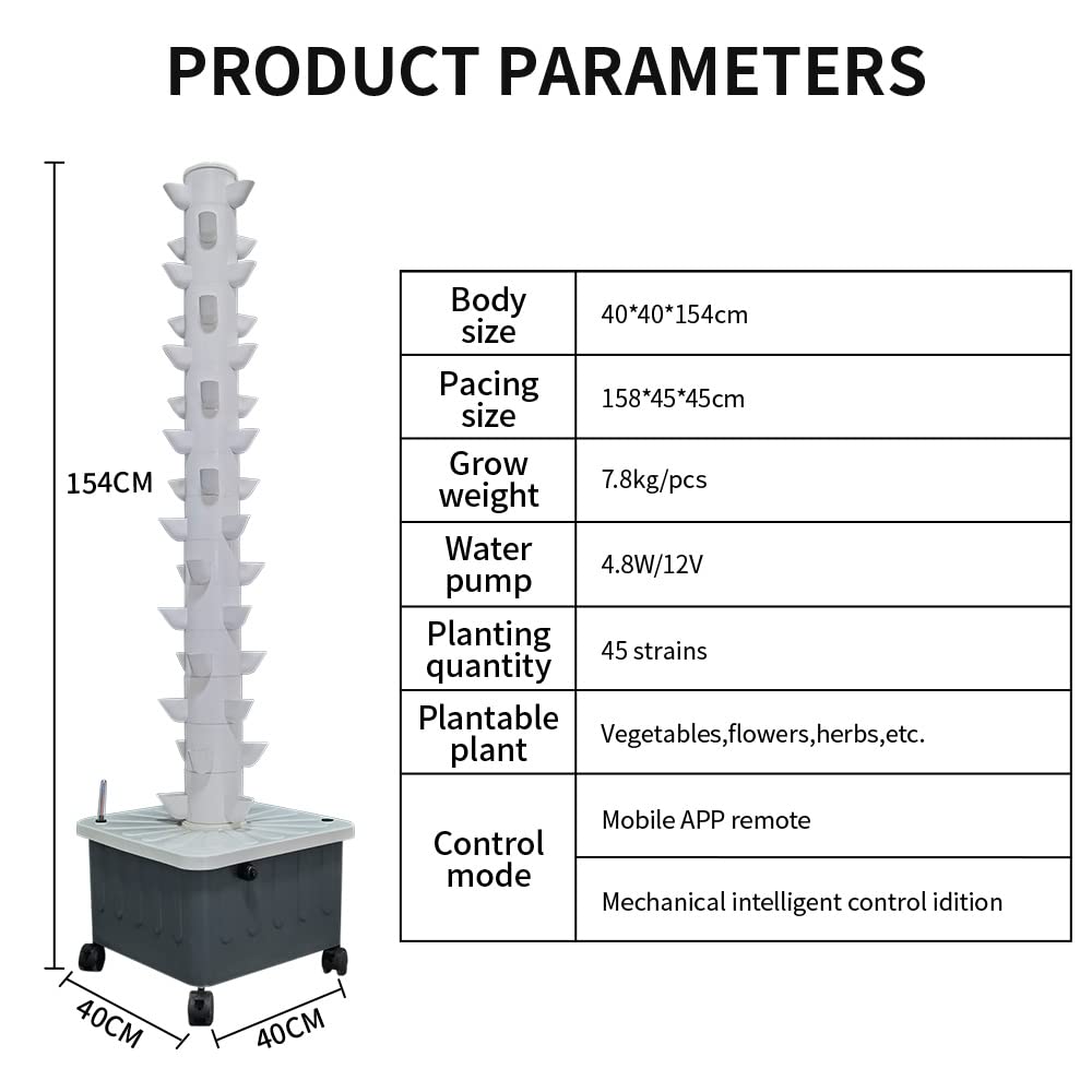 Vertical Hydroponic Grow Tower System - 15 Layer Aeroponic Garden for Herbs, Fruits & Vegetables with 45 Plant Sites, Adjustable Water Tank, Hydroponic Pump & Timer - Indoor/Outdoor Home Gardening, Urban Farming, Organic Produce Cultivation