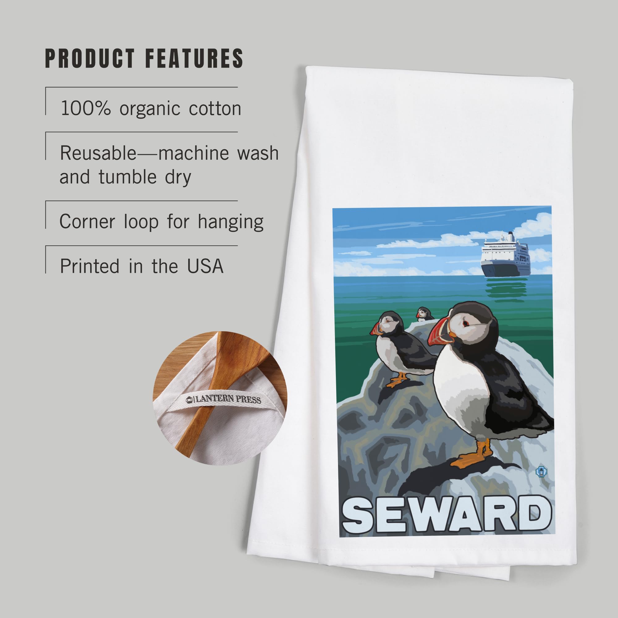 Lantern Press Puffins and Cruise Ship Seward Alaska - 100% Cotton Tea Towel, Decorative Hand Towel for Kitchen & Home - Perfect for Dish Drying, Gift Giving, and Coastal Decor