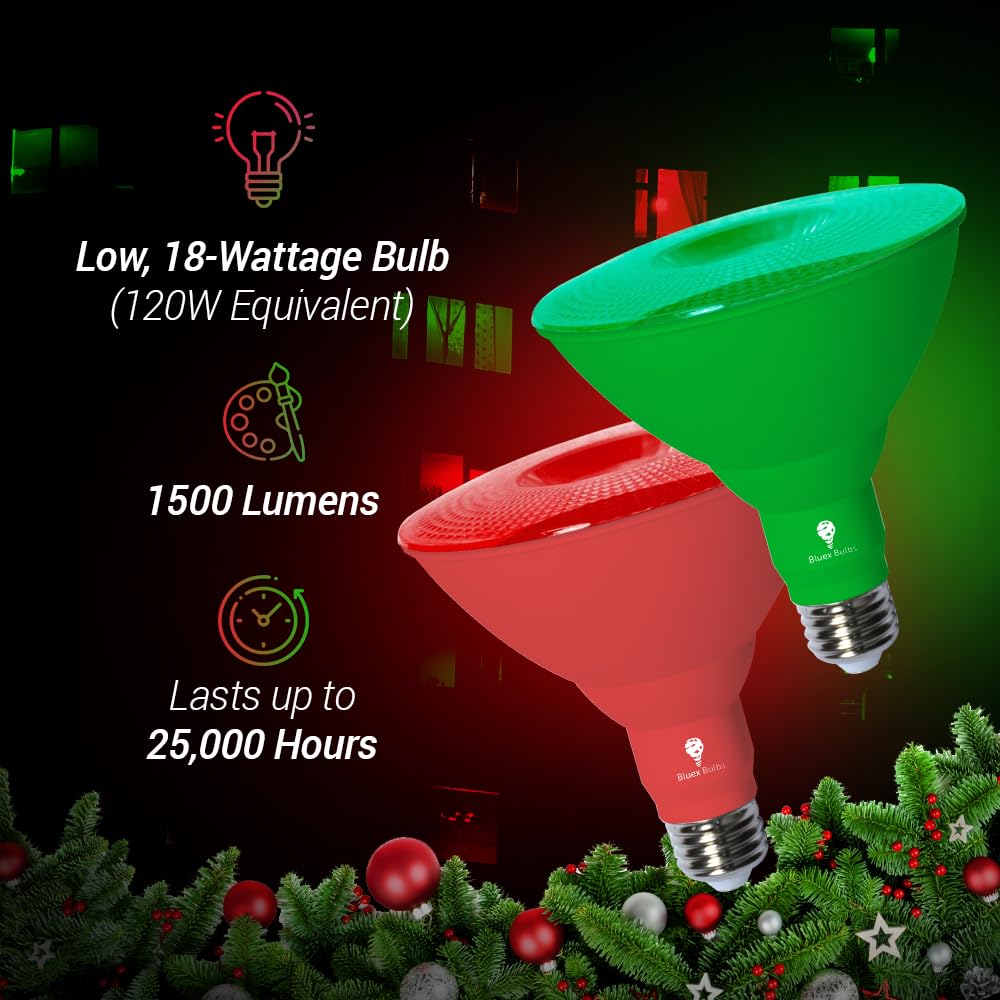 BlueX LED Par38 Flood Green Light Bulb 2 Pack - 18W (120W Equivalent) Dimmable E26 Base - Energy Saving Party, Porch, Home & Holiday Decoration Lighting for Indoor/Outdoor Use